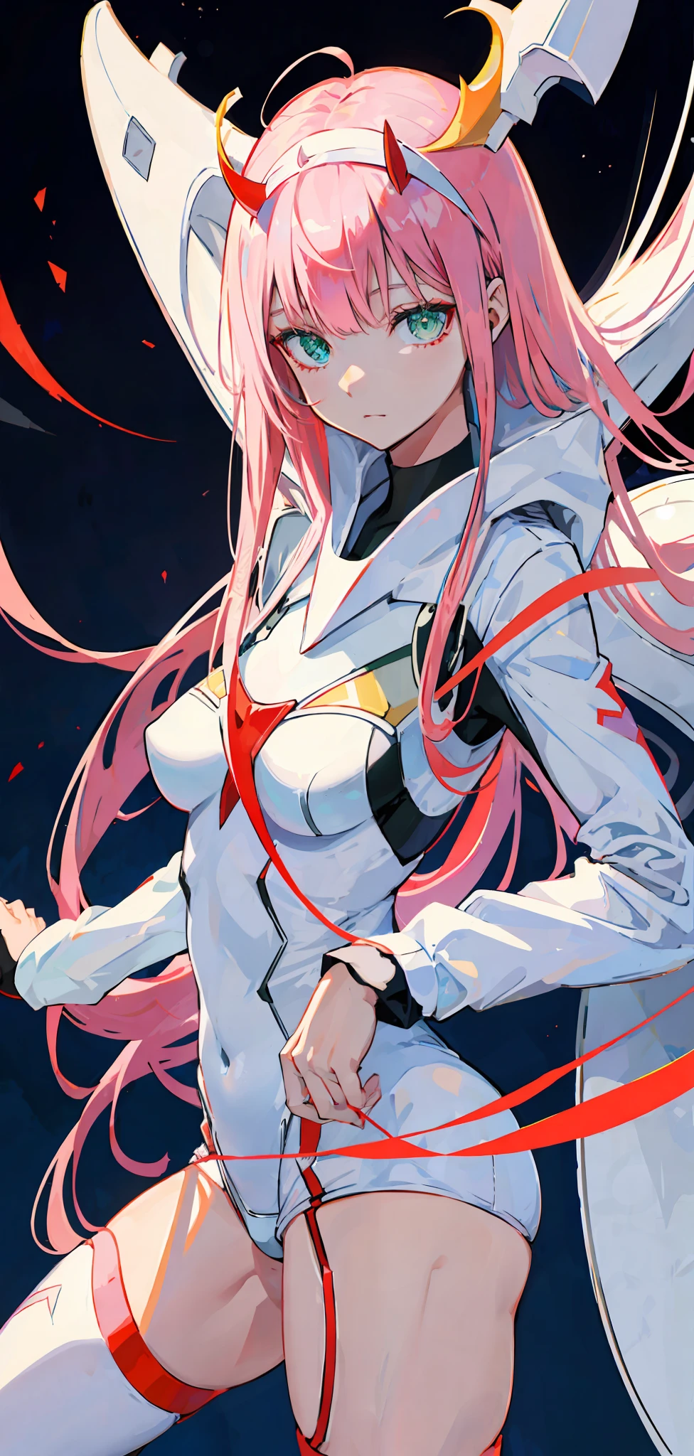 zero two \(darling in franxx\), darling in franxx, 1girl, bangs, bite, shadow, green eyes, hair behind head, horns, long hair, looking at viewer, big thighs, makeup, small breasts, pilot suit, white suit, pink hair, red eyeshadow, science fiction, tight skin, solo