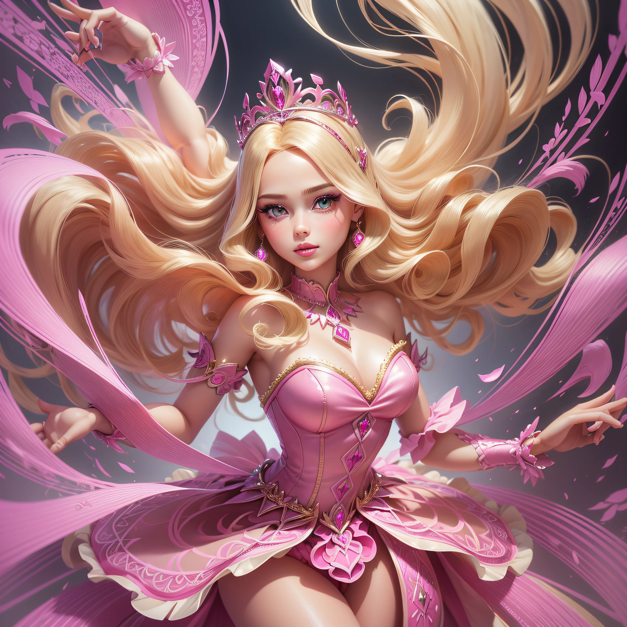 Create an illustration of beautiful hyper realistic girl, barbie style drawing,dancing, exquisite details, blonde hair, pink dress, shiny little tiara, hyper-detailed painting, full body framing, 4K resolution, cinematic, hand-drawn artistic trends, details reminiscent of Barbie, bold lines, on paper. --auto --s2