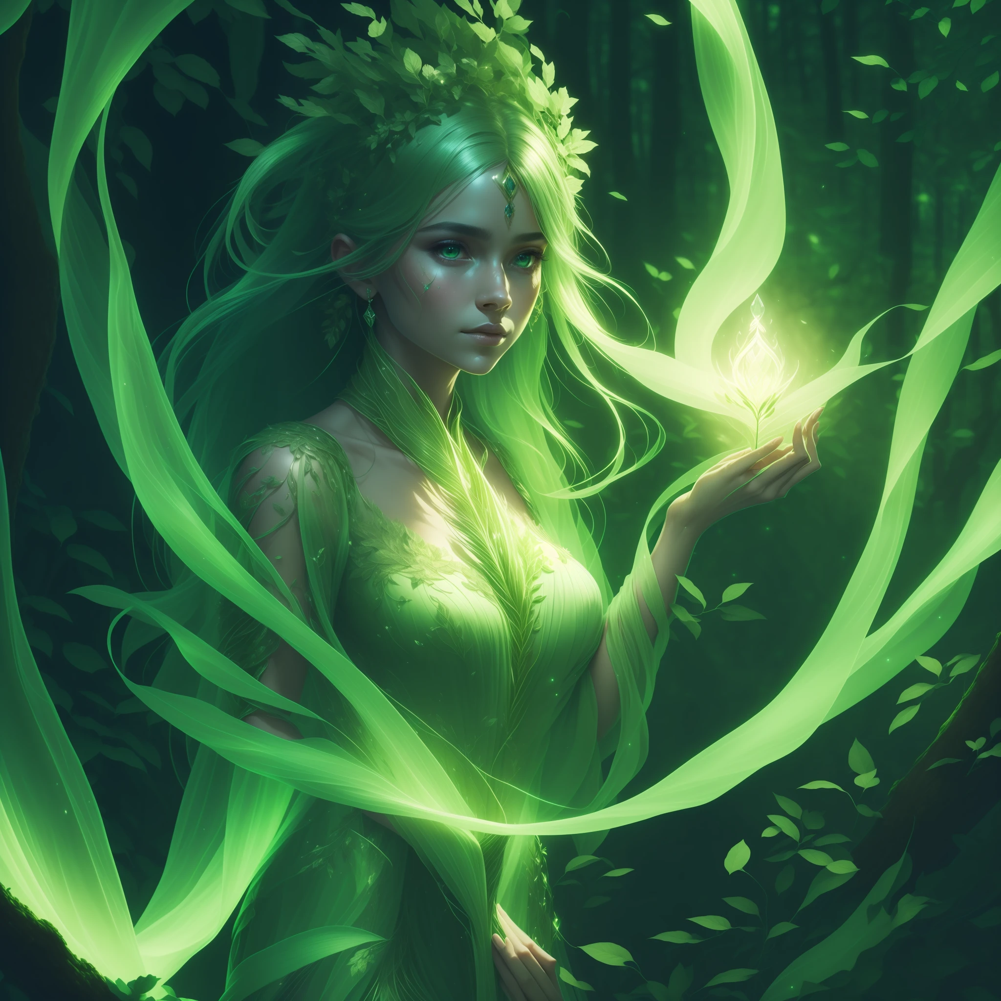 (extremely detailed CG unity 8k wallpaper, masterpiece, best quality, ultra-detailed), (best illumination, an extremely delicate and beautiful), (1 woman with a green aura), (clear and harmony:1.2, empathetic and balanced:1.2), (nature and healing).