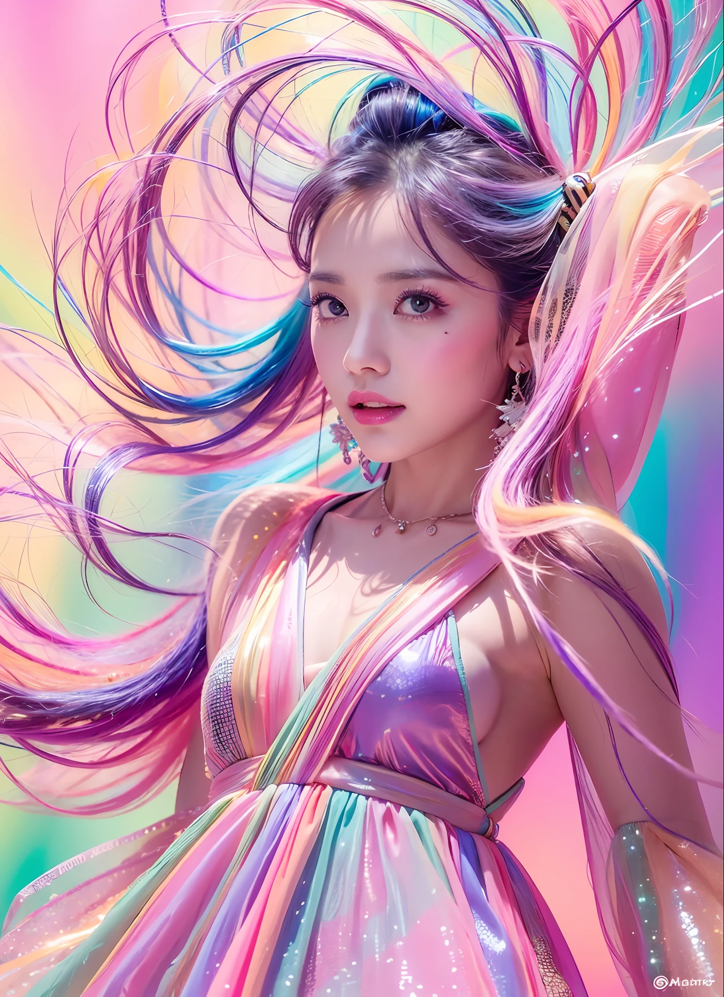 Generate images of women in high quality and with innovative artistic atmospheres that stand out in pastel colors. She has her own fashion style and is dressed in glamorous and soft pastel outfits. The background is a fantastic and dreamlike landscape, interwoven with pastel lights and abstract elements. Her poses are fluid and give a sense of natural movement and dynamism. The effects of light and shadow are attractively expressed, and the faces and expressions that are carefully depicted in detail are emotionally rich and attractive. The overall atmosphere is modern and novel, yet with a unique artistic touch. This image is of high quality and beautifully decorated in pastel colors, which will evoke visual stimulation and aesthetics, and will intrigue and surprise the viewer. She creates works that incorporate the vividness of pastel colors and artistic elements.