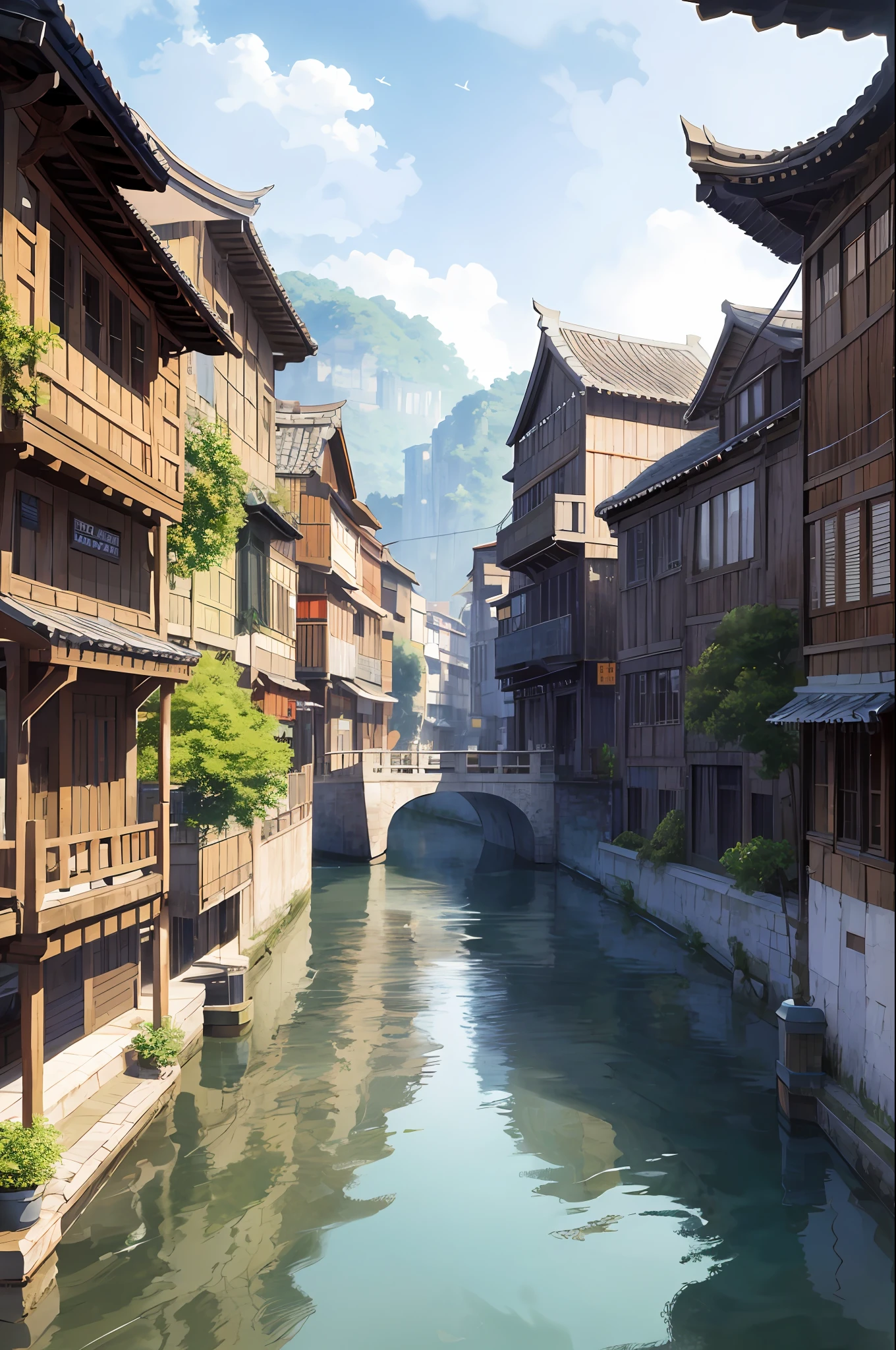 Masterpiece, best quality, (very detailed CG unified 8k wallpaper), (best quality), the city's stone streets crisscross, quaint and elegant, with wooden buildings and eaves protruding on both sides, giving a unique taste. Standing by the river, the hanging footed buildings on both sides of the Tuojiang River are connected into a piece, complementing the clear and beautiful Tuojiang River, which is very spectacular. (best illustration), (best shadow), (particle effect) and other 3D, Octane rendering, Ray tracing, ultra detailed - v6