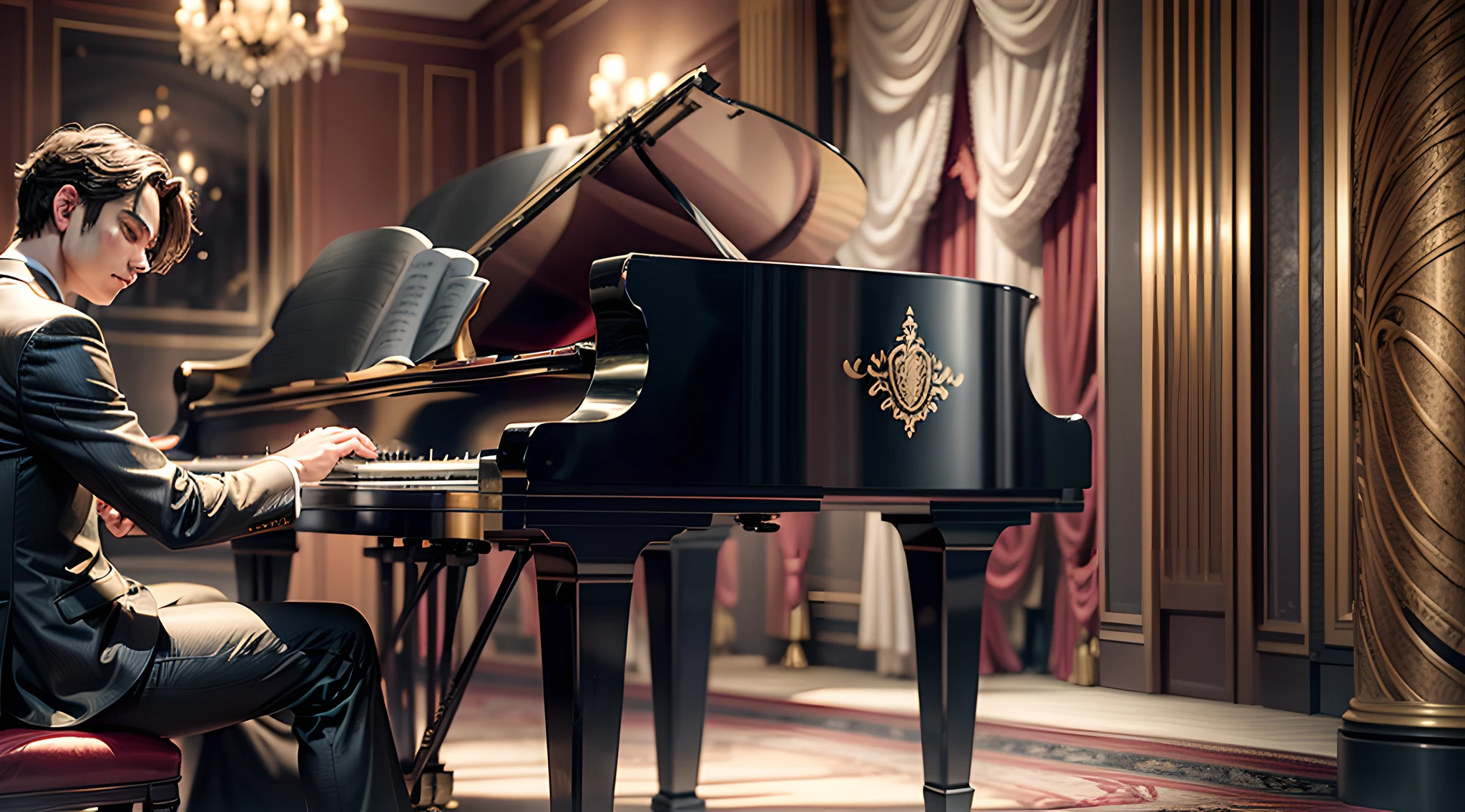 A grand piano in an exotic lounge, elegantly played by a pianist in a black tuxedo, his fingers gracefully gliding across the ivory keys, his eyes closed in deep concentration, the lounge enveloped in a warm, intimate atmosphere, with soft candlelight casting flickering shadows on the walls, capturing the mesmerizing connection between the musician and his instrument, Photography, using a prime lens with a focal length of 85mm to capture the pianist's expressions and the piano's intricate details,