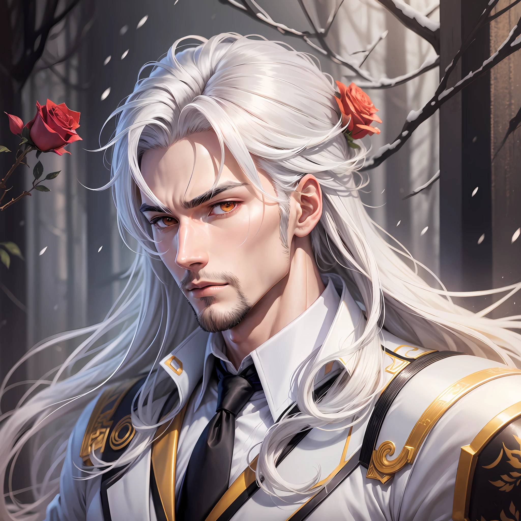 Detailed anime art, handsome anime man, tall man, man with trained body, defined body, detailed body, well drawn body, good anatomy, bright golden eyes, detailed eyes, well drawn eyes, detailed face, well done face, detailed hair, high quality hair, straight long hair, shoulder-length hair, white hair, straight hair, hair with a single black lock, manly man, mature man, adult, anime man wearing a white suit in the middle of a snowy forest, suit with red details, roses grow around man, man has a golden energy around his body, man has solar powers, masterpiece, high image quality, well detailed, quality drawing, 2B, 2B, well designed, ultra quality! Super detailed dash! --auto --s2