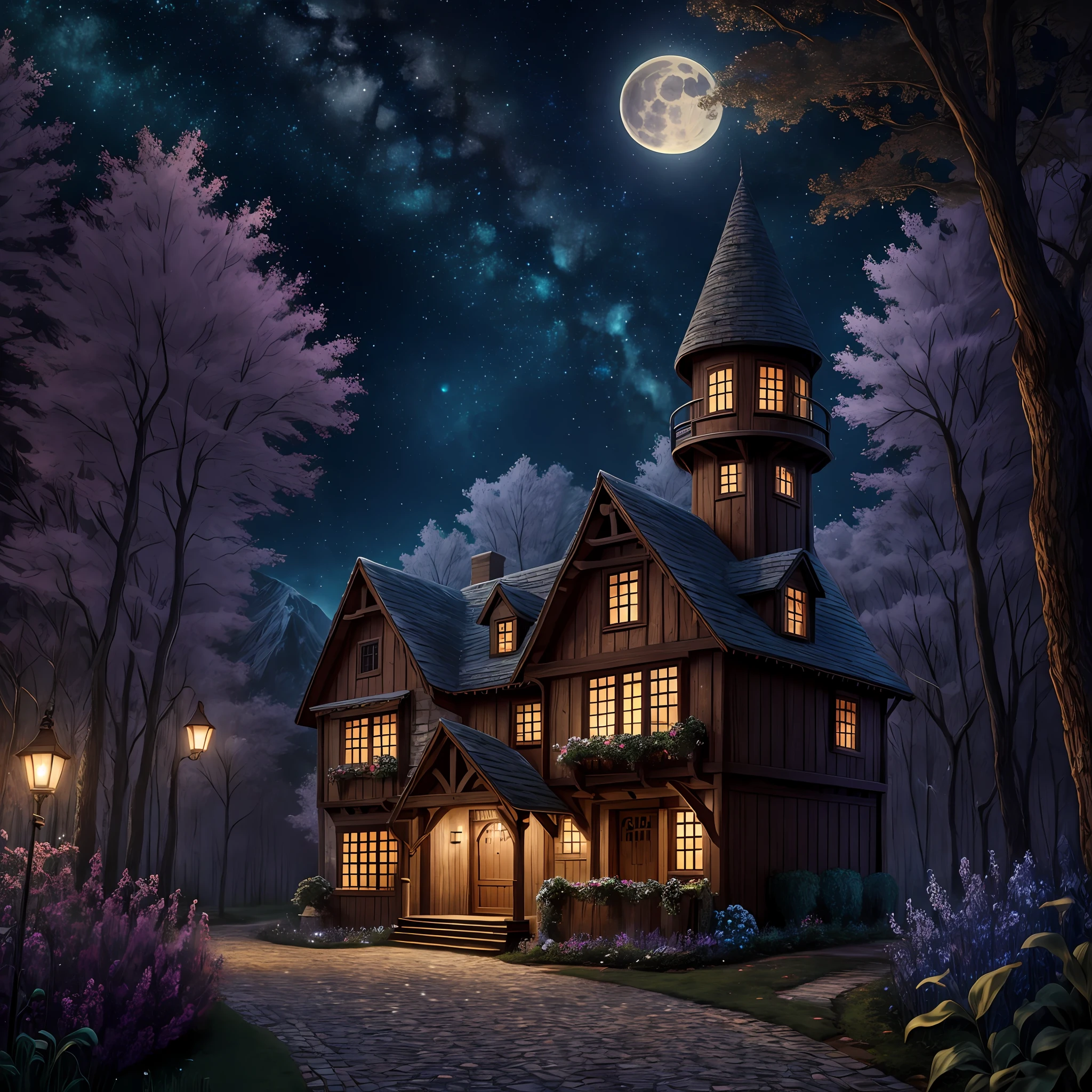 buttons, house, building, hansel and gretel, (realism), (masterpiece), (cinematic lighting), cobblestones, 8k vibrant colors, mountain, scary, flying insect, full body photo of the world's most beautiful artwork, carpet, black background, cute digital art, starry sky, full moon in the sky, lilac light in the house, dry trees around, owl flying in the sky