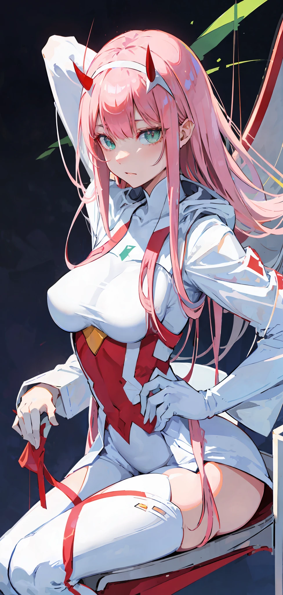 zero two \(darling in franxx\), darling in franxx, 1girl, bangs, bite, shadow, green eyes, hair behind head, horns, long hair, looking at viewer, big thighs, makeup, small breasts, pilot suit, white bodysuit, hood, pink hair, red eyeshadow, science fiction, tight skin, solo