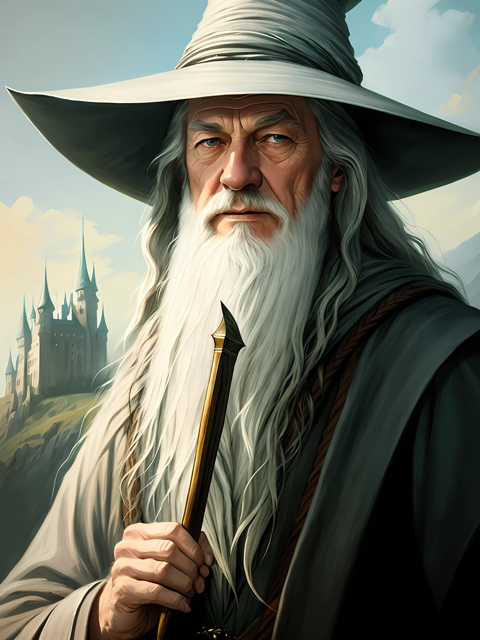 Gandalf, portrait, Lord of the Rings, painting The Great Wizard's Hat, Atey Geilan, Jeremy Mann, Greg Manchess, Antonio Moro, trending on ArtStation, trending on CGSociety, Intricate, High Detail, Sharp focus, dramatic, photorealistic painting by Midjourney and Greg Rutkowski, not on the background of the castle