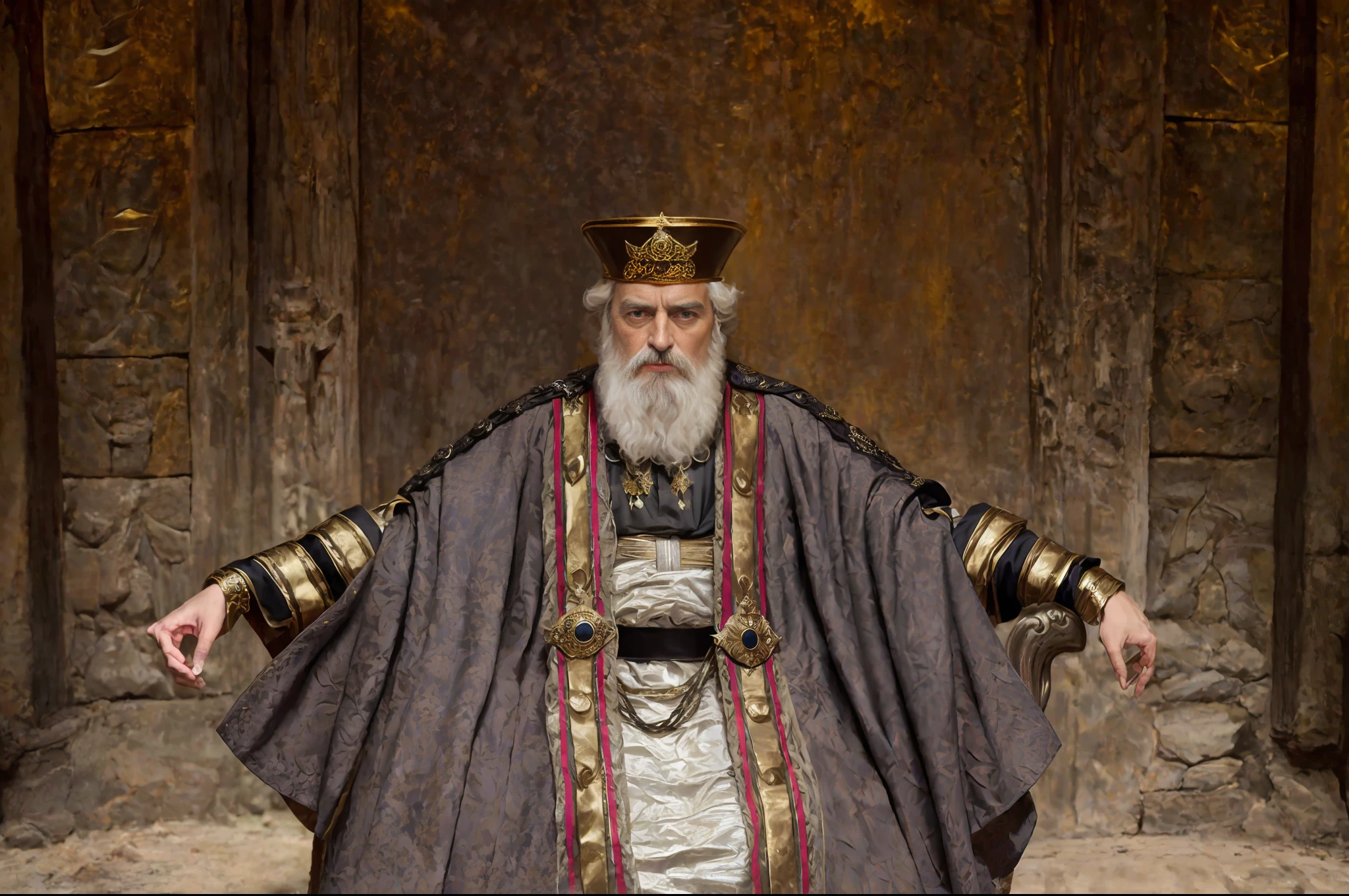 arafed man in a costume and a crown standing in a doorway, dressed as emperor, archimedes, clothed in ancient suit, ledmund leighton, portrait of a medieval old king, daniel, in dark robes with gold accents, bearded man seated on a throne, king, portrait of emperor of mankind, on a dark background