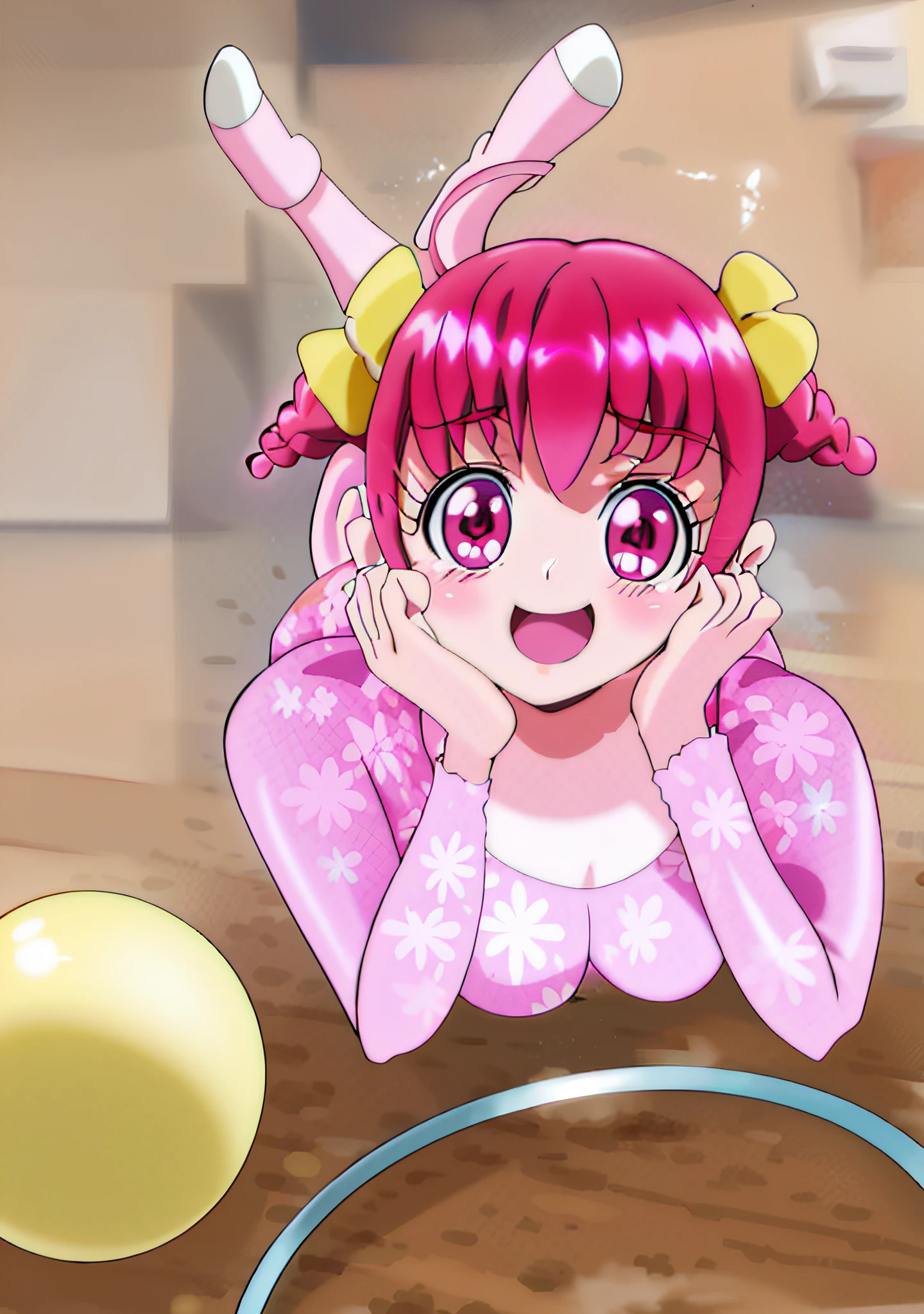 Anime girl with pink bodysuit and pink dress playing with balls, Juri Misaki, cute anime manga style, loli, ecchi anime style, my dress up darling anime, soft anime, inspired by kanbun master, anime girl is squatting, anime moe art style, soft anime illustration, cute realistic portrait, y 2 k Cute Core Clown Core