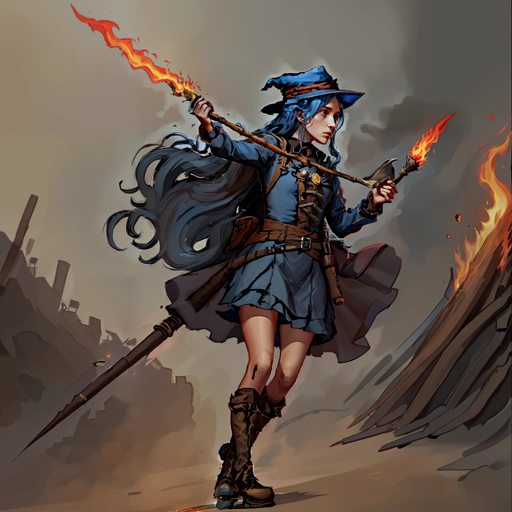 Full body, Young Witch, long blue hair, short brown dress with wide long sleeves at the tip, brown hat with fire on top, holds a long red wooden staff with a curved tip and a small flame at the tip, long barreled boots reaching halfway down the thighs
