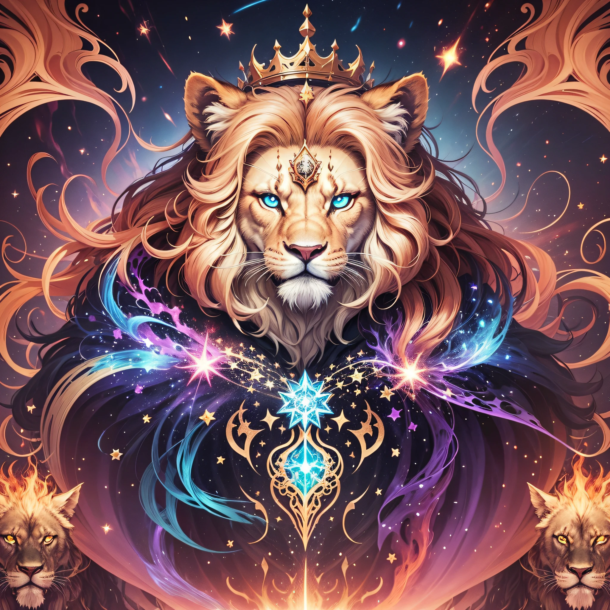 young men as a sirius lion being giving a big roar , universe background, brown Lion's mane hair,DMT, a beautiful crown with diamonds on him head, Sacred, psychedelic , psychedelic design, Aura, becoming spiritual, ultrarealistic photorealistic, 8k, artstation.The artwork should have photo-realistic, ultra-realistic, hyper-realistic, ethereal random color Power Rage, 3d anime style vector, 3d full shot, standing pose, cosmic, outer space, and fire colors Artwork styles, highly detailed, highly detailed symmetric beautiful hazel eyes, highly detailed gorgeous face, dynamic pose, ethereal, mystical, splatter drippings, paper texture, pulp Manga, and perfect shading, with dramatic lighting. The artwork should be centered, stylized, and elaborate. --auto --s2