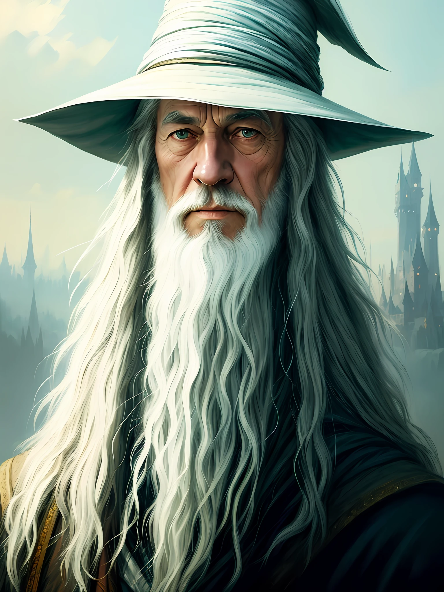 Gandalf, portrait, Lord of the Rings, painting The Great Wizard's Hat, Atey Geilan, Jeremy Mann, Greg Manchess, Antonio Moro, trending on ArtStation, trending on CGSociety, Intricate, High Detail, Sharp focus, dramatic, photorealistic painting by Midjourney and Greg Rutkowski, not on the background of the castle
