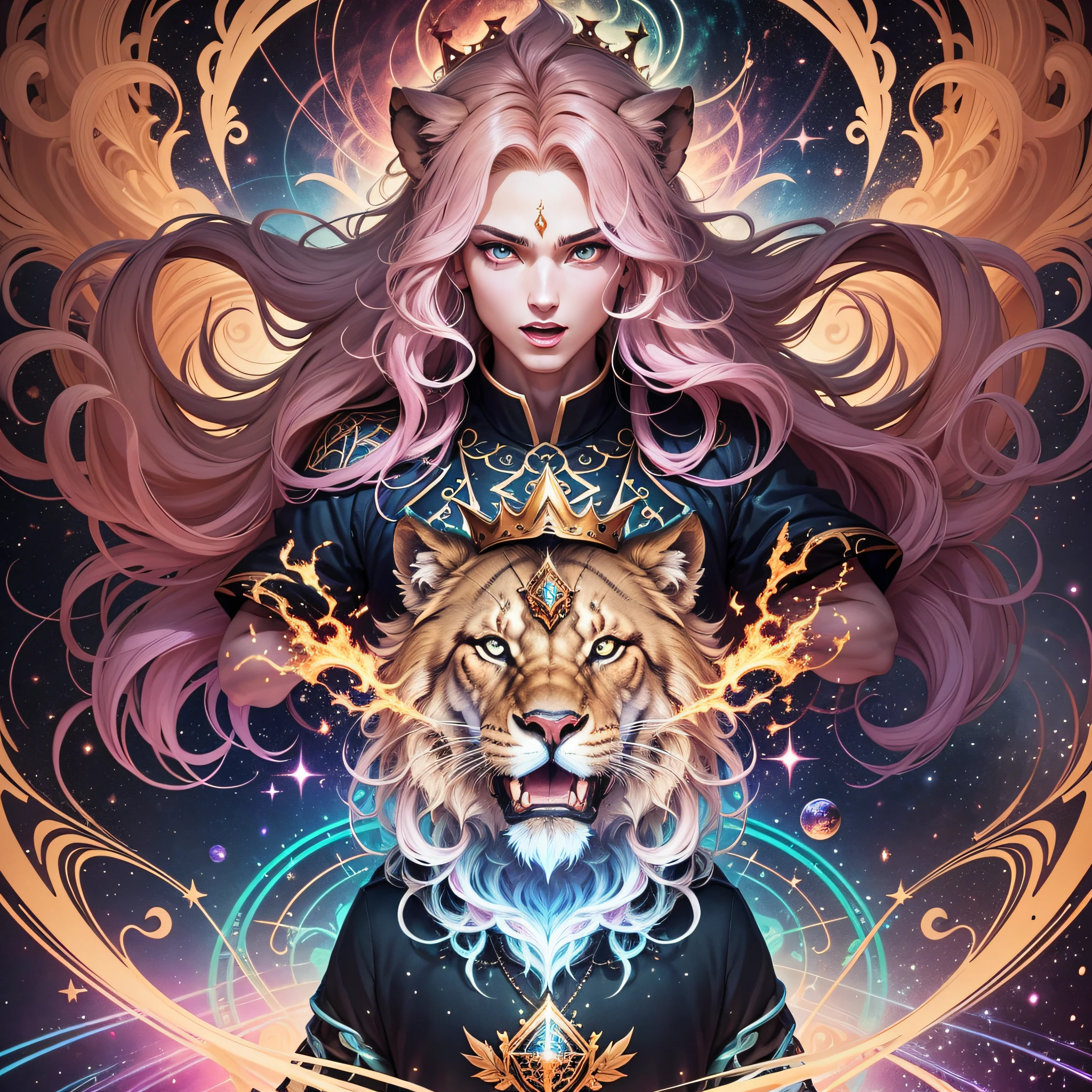young men as a sirius lion being giving a big roar , universe background, brown Lion's mane hair,DMT, a beautiful crown with diamonds on him head, Sacred, psychedelic , psychedelic design, Aura, becoming spiritual, ultrarealistic photorealistic, 8k, artstation.The artwork should have photo-realistic, ultra-realistic, hyper-realistic, ethereal random color Power Rage, 3d anime style vector, 3d full shot, standing pose, cosmic, outer space, and fire colors Artwork styles, highly detailed, highly detailed symmetric beautiful hazel eyes, highly detailed gorgeous face, dynamic pose, ethereal, mystical, splatter drippings, paper texture, pulp Manga, and perfect shading, with dramatic lighting. The artwork should be centered, stylized, and elaborate. --auto --s2