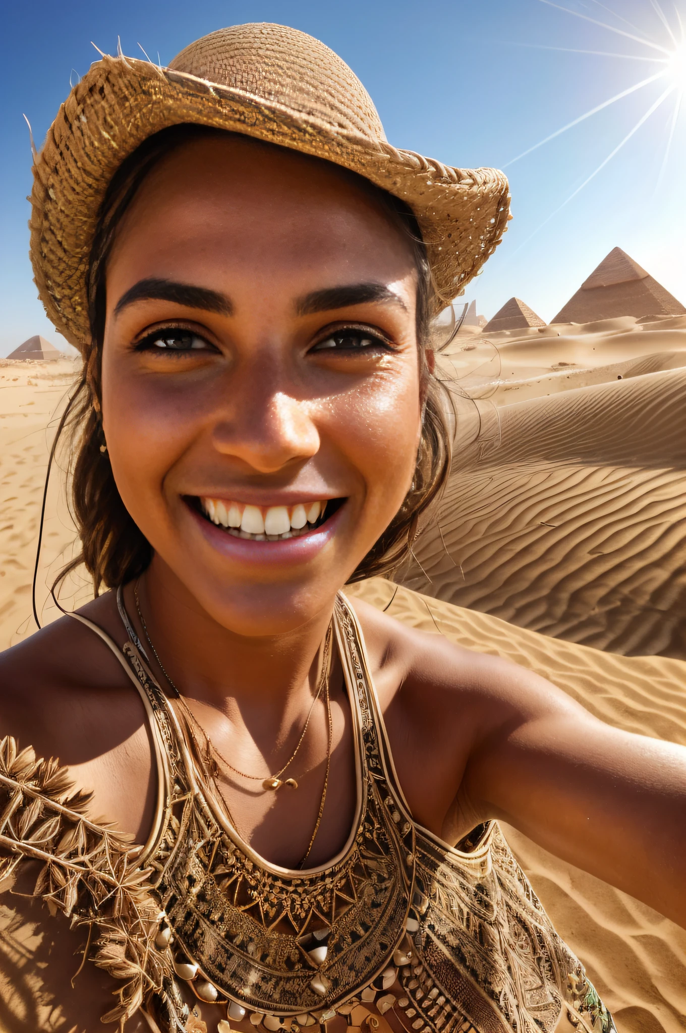 1 woman hot tanned skin ((upper body selfie, happy)), masterpiece, best quality, ultra-detailed, solo, outdoor taking selfie on the side of a sand dune in the desert, with the wind blowing dust into the air, sweat, (day), pyramids, camels, cheerful, happy, light expedition clothes, gloves, tank top tank top, shorts, hat, sunglasses,  cactus, stones, sphinxes, smoke, shadows, contrast, clear sky, style, (warm hue, warm tone): 1.2), close-up, cinematic light, side lighting, ultra high resolution, best shadow, RAW, upper body, wearing pullover (super detailed background, intricate details).