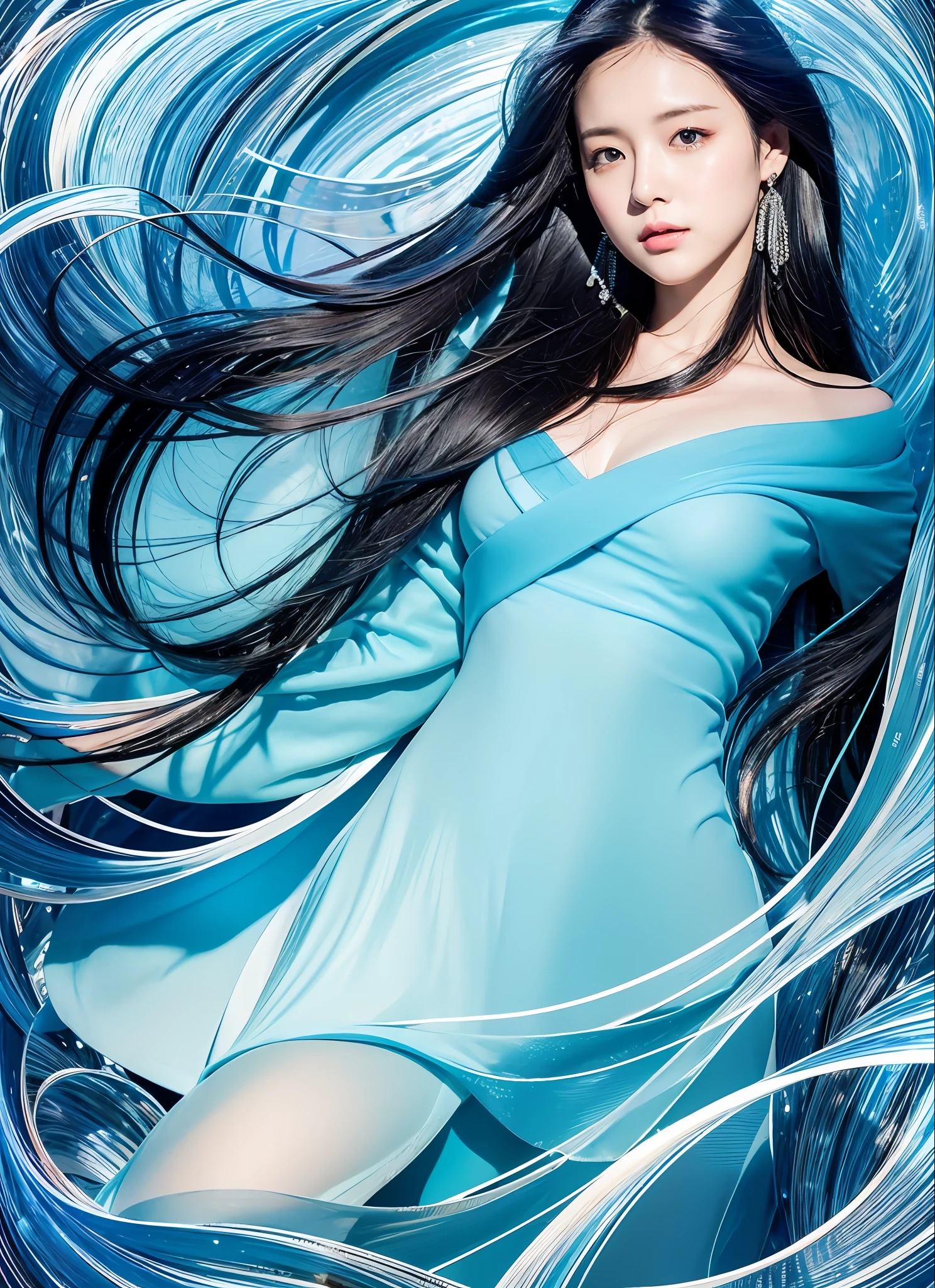 Generate images of dark-haired women with a novel artistic vibe that stands out in light blue color in high quality. She has an individual fashion style and has graceful and attractive black hair. Her hair is rich and shiny, accented by light blue color highlights. The background is a fantastic and dreamy landscape, interwoven with soft light blue tones and abstract elements. Her poses are fluid and give a feel of natural movement and energy. The effects of light and shadow are attractively expressed, and the faces and expressions that are carefully depicted in detail are emotionally rich and attractive. The overall atmosphere is modern and novel, yet with a unique artistic touch. This image is of high quality and beautifully colored light blue, which will evoke visual stimulation and aesthetics, and will interest and surprise the viewer. We create works that incorporate the charm of a dark-haired woman with a novel color combination of light blue.