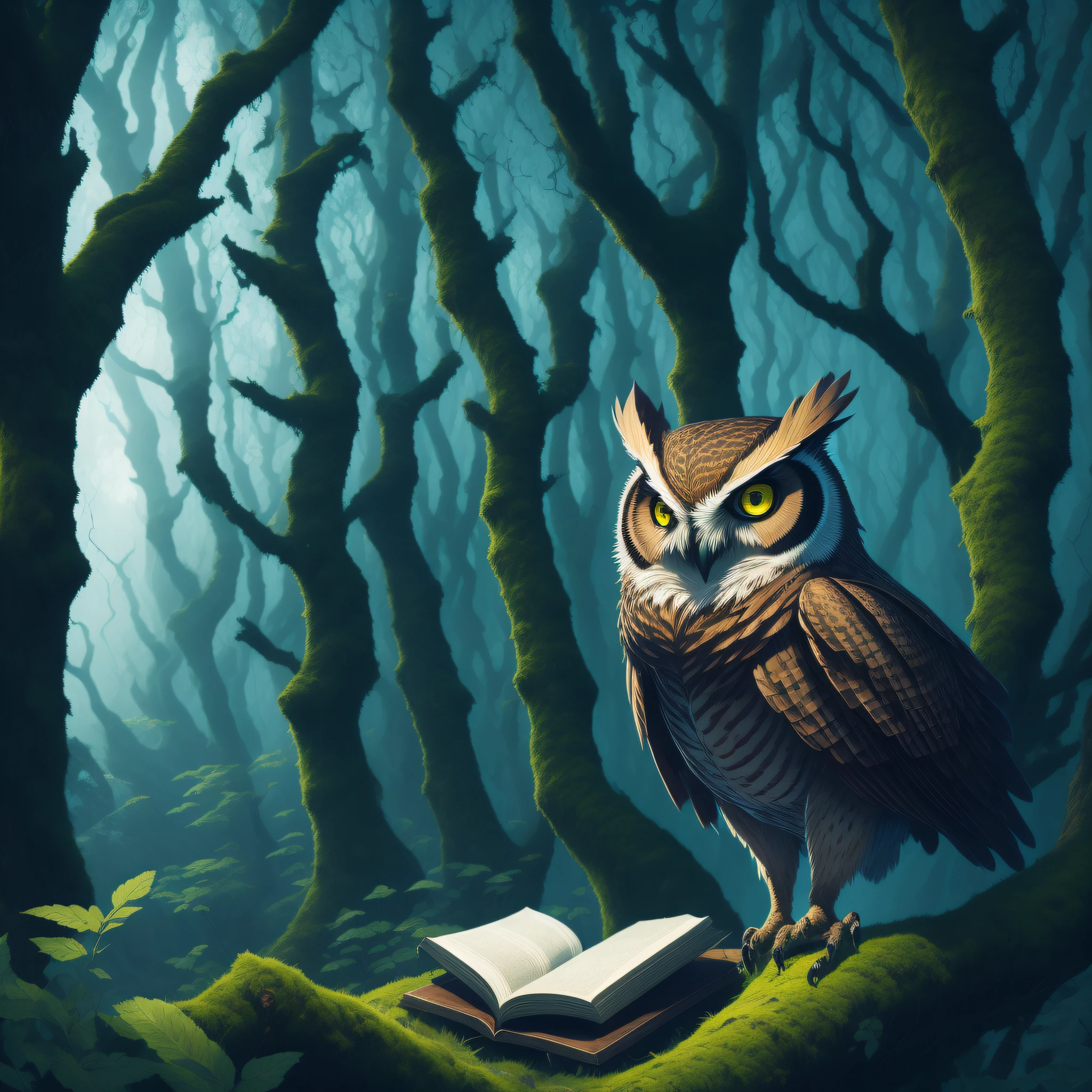 A wise old owl with piercing eyes, carrying a mysterious spellbook, hovering above a mystical forest.