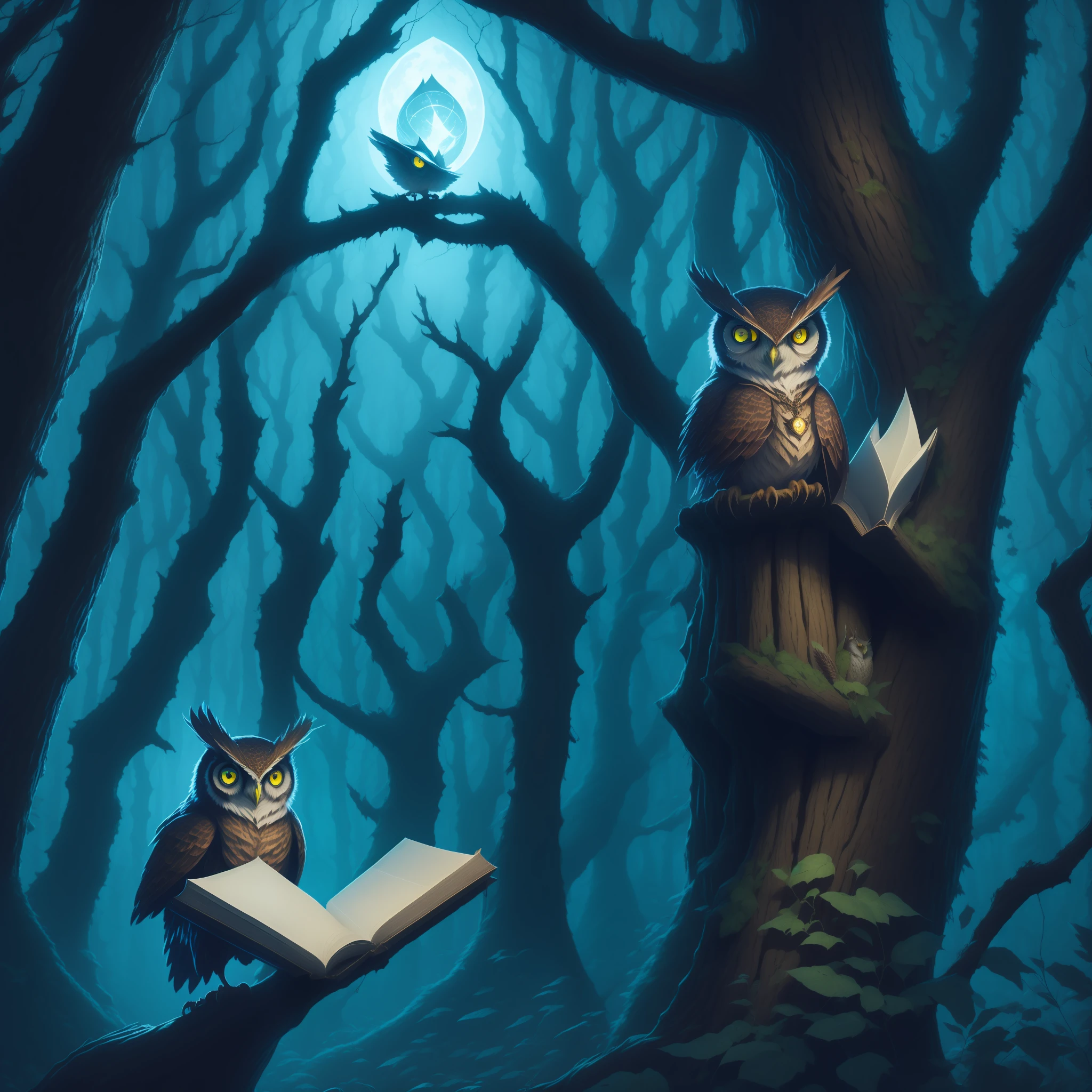 A wise old owl with piercing eyes, carrying a mysterious spellbook, hovering above a mystical forest.