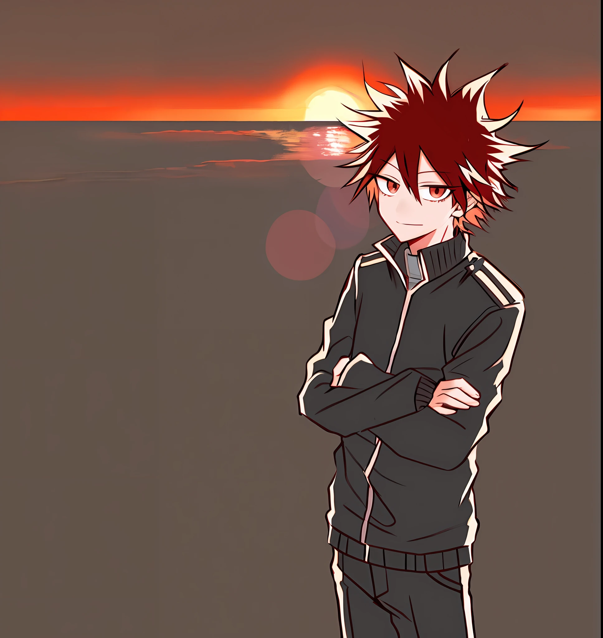 1man, Hero Academia art style. Solo, Monochrome, red hair, sunset background