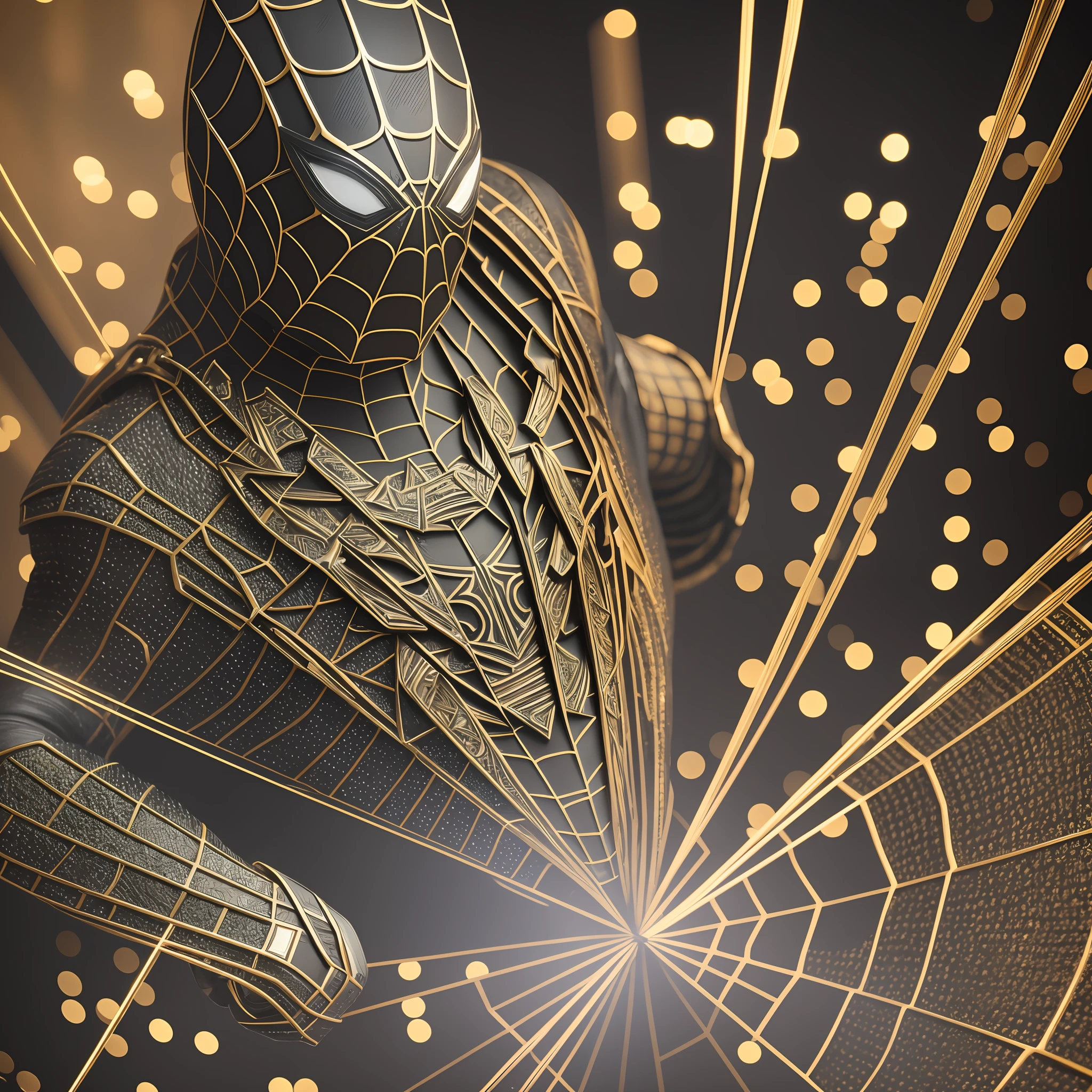 A closeup of a statue of a man with a gold and black costume, super detailed render, 3 D render character art 8 k, intricate black and gold armor, full samurai armor spiderman, iconic character of high detail, 8k render, octane render, "octane render", super detailed octane render, super render in octane render, hyper detailed 3 d render,  Futuristic Spider-Man Style --auto --s2