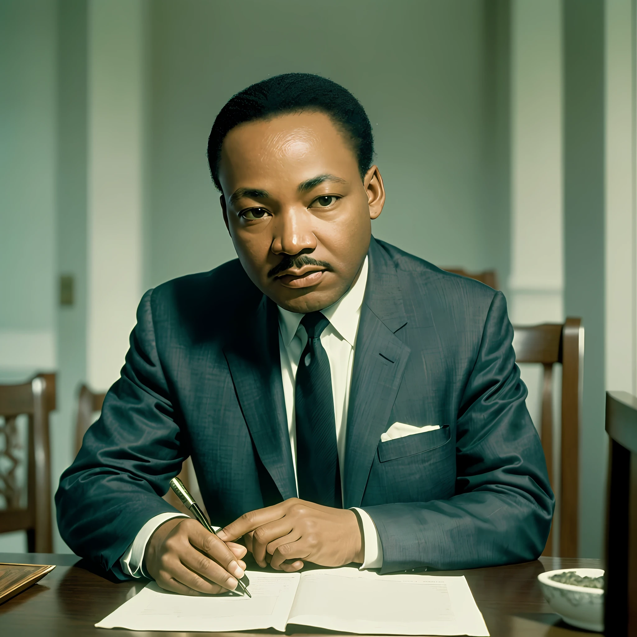 (RAW photo, 4k, masterpiece, high res, extremely intricate) (photorealistic:1.4), cinematic lighting Martin Luther King Jr., solo focus, summer noon, 1960s \(style\), in the suit, at the table --auto --s2