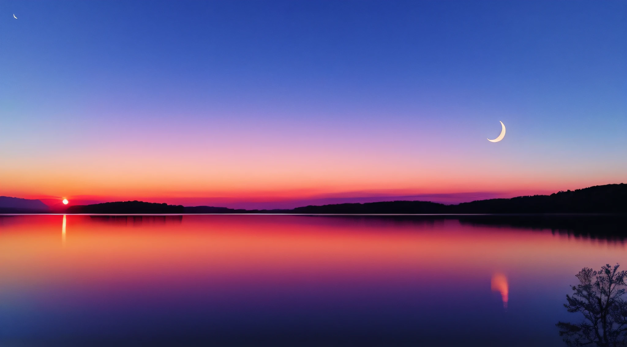 There is a beautiful sunset with a lake and trees in the background, beautiful skies, real colors, sunset, wonderful reflection of the sky, stunning sky, dream like 8k atmosphere, sparse clouds, colors reflecting on the lake, surreal sky, pink and blue reflections, beautiful sky, beautiful and spectacular twilight, beautiful dream landscape, amazing sky. crescent moon in the sky.