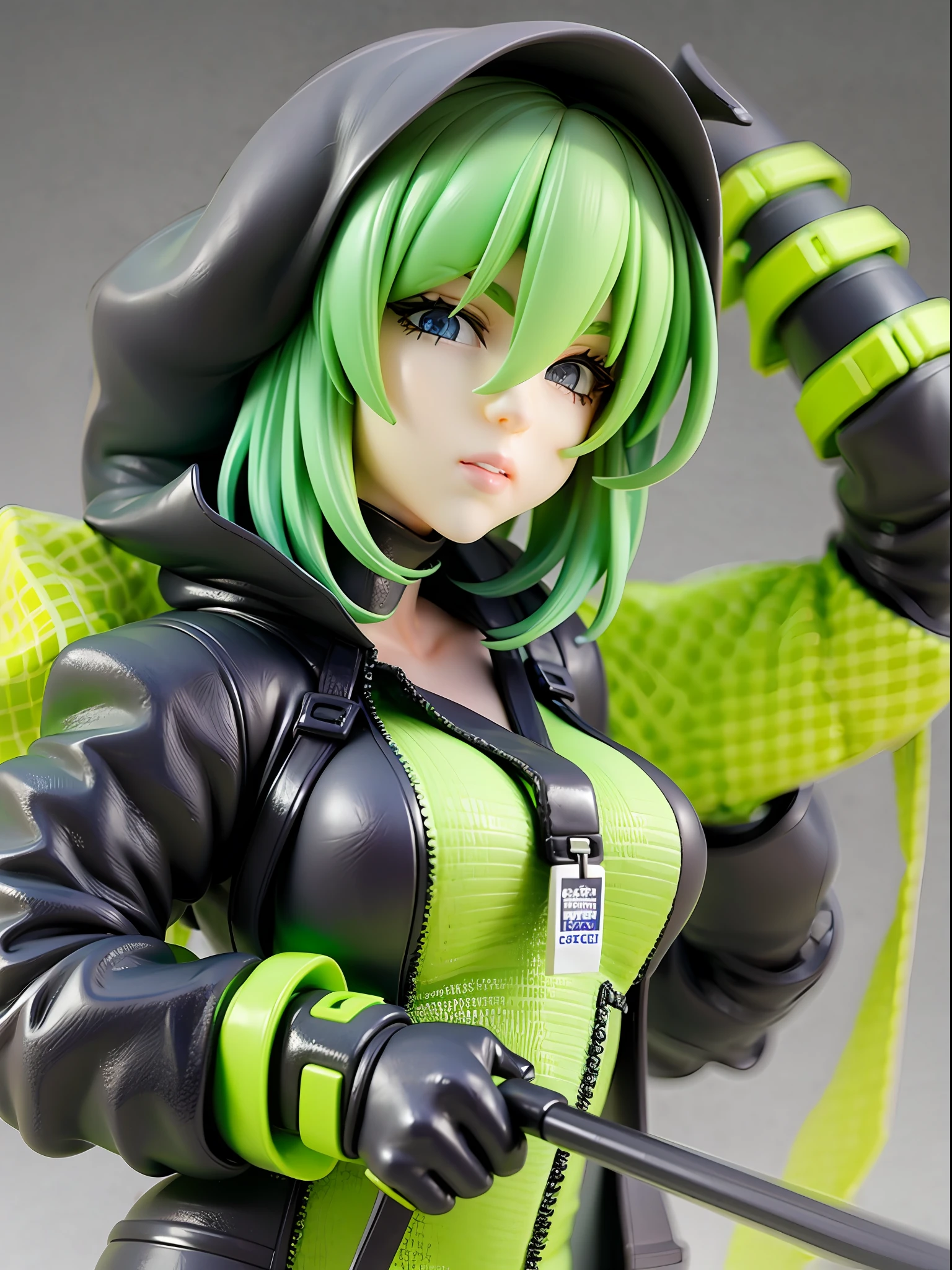 Girl, wearing a hood, neon color, holding a weapon, machine, white background, no background,