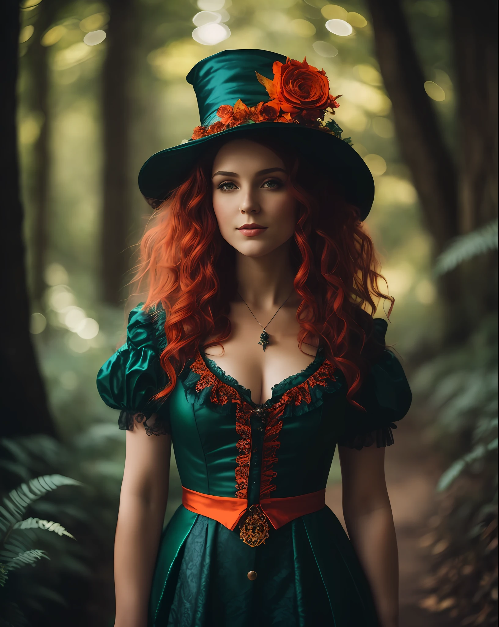 There is a woman with red hair wearing a green dress and a hat, witch fairy tale, female mad hatter, classical witch, beautiful witch, portrait of a young witch, witch outfit, portrait of a witch, beautiful witch woman, fantasy genre portrait, witch in the forest, portrait shot, fantasy photo essay, ornate cosplay, Victorian style costume,  (Hair in high definition), (body in high definition)