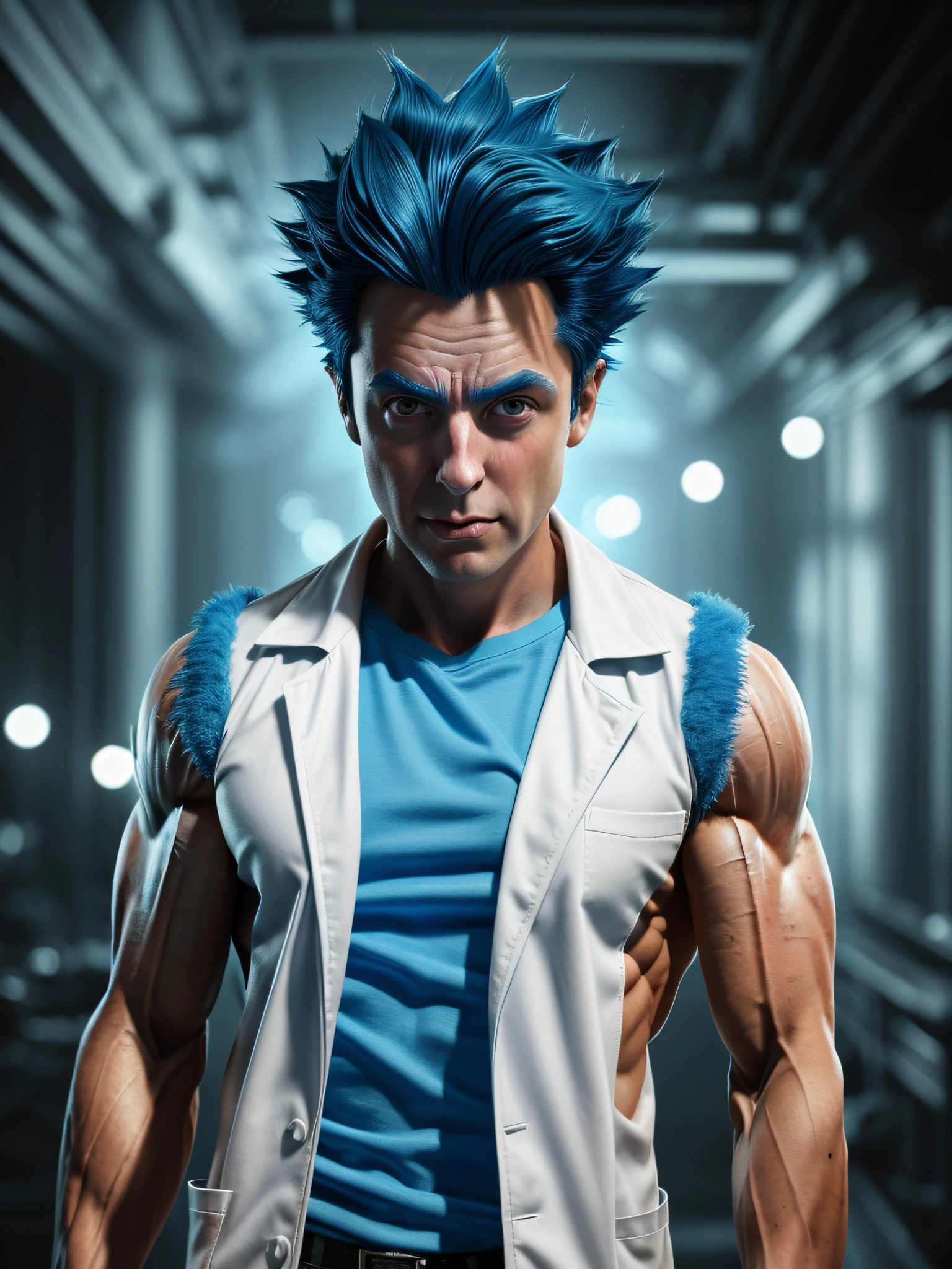 (portrait of Rick Sanchez), cartoon style, old, rick and morty universe, ((wearing a white coat of a scientist, blue T-shirt)), big crazy eyes, ((Blue Hair)) (muscular:1.8), blue portal
Atey Ghailan, by Jeremy Mann, Greg Manchess, Antonio Moro, trending on ArtStation, trending on CGSociety, Intricate, High Detail, Sharp focus, dramatic, photorealistic painting art by midjourney and greg rutkowski, bokeh on background