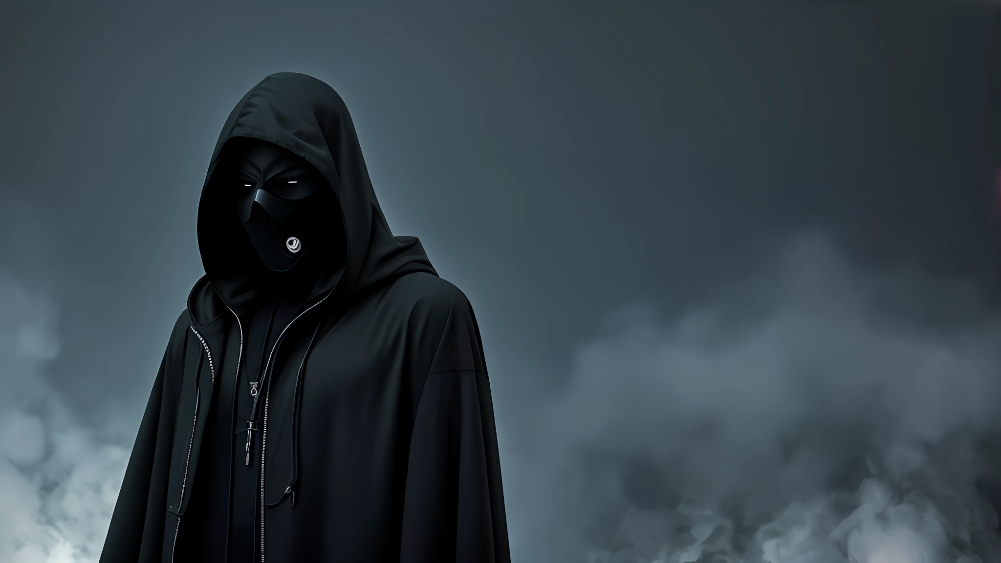 A fully hooded man, in a big black coat, with a black hacker mask, in a dark setting with some smoke, 8k, detailed, realistic.