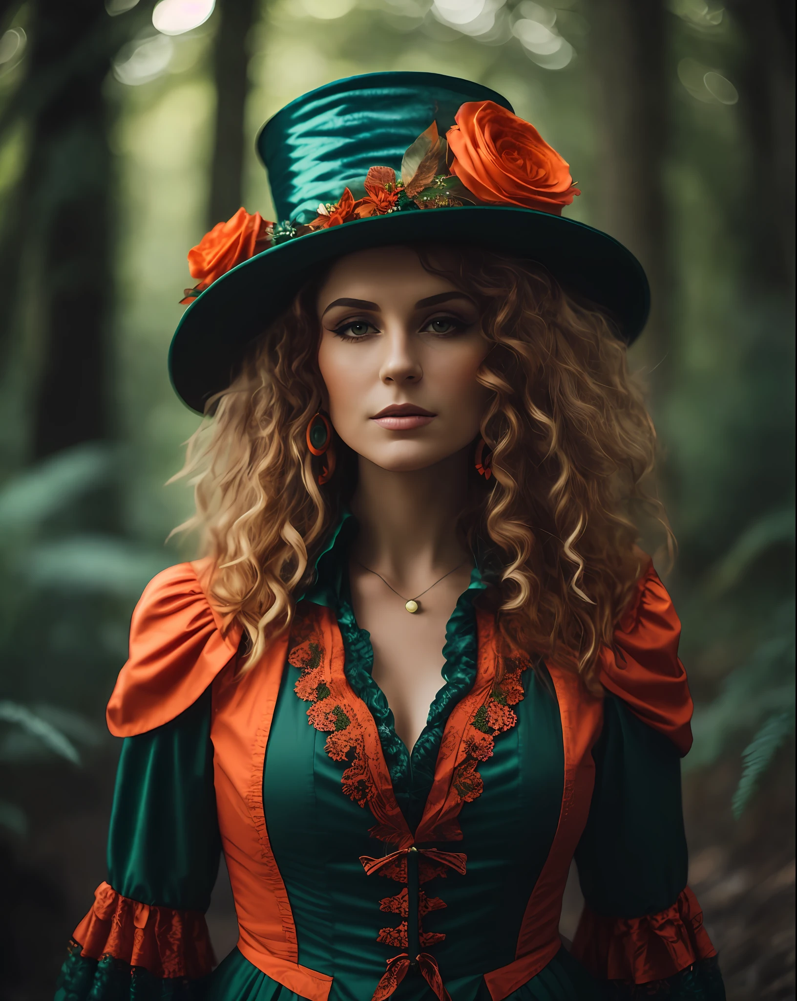 arafed woman in a green and orange dress and hat, female mad hatter, beautiful witch, fairy tale witch, portrait of a young witch, beautiful witch woman, portrait of a witch, classic witch, portrait of a forest wizard, witch in the forest, beautiful witch scary woman, fantasy genre portrait, wearing green top hat, witch woman, fantasy character photo,  (Hair in high definition), (body in high definition)