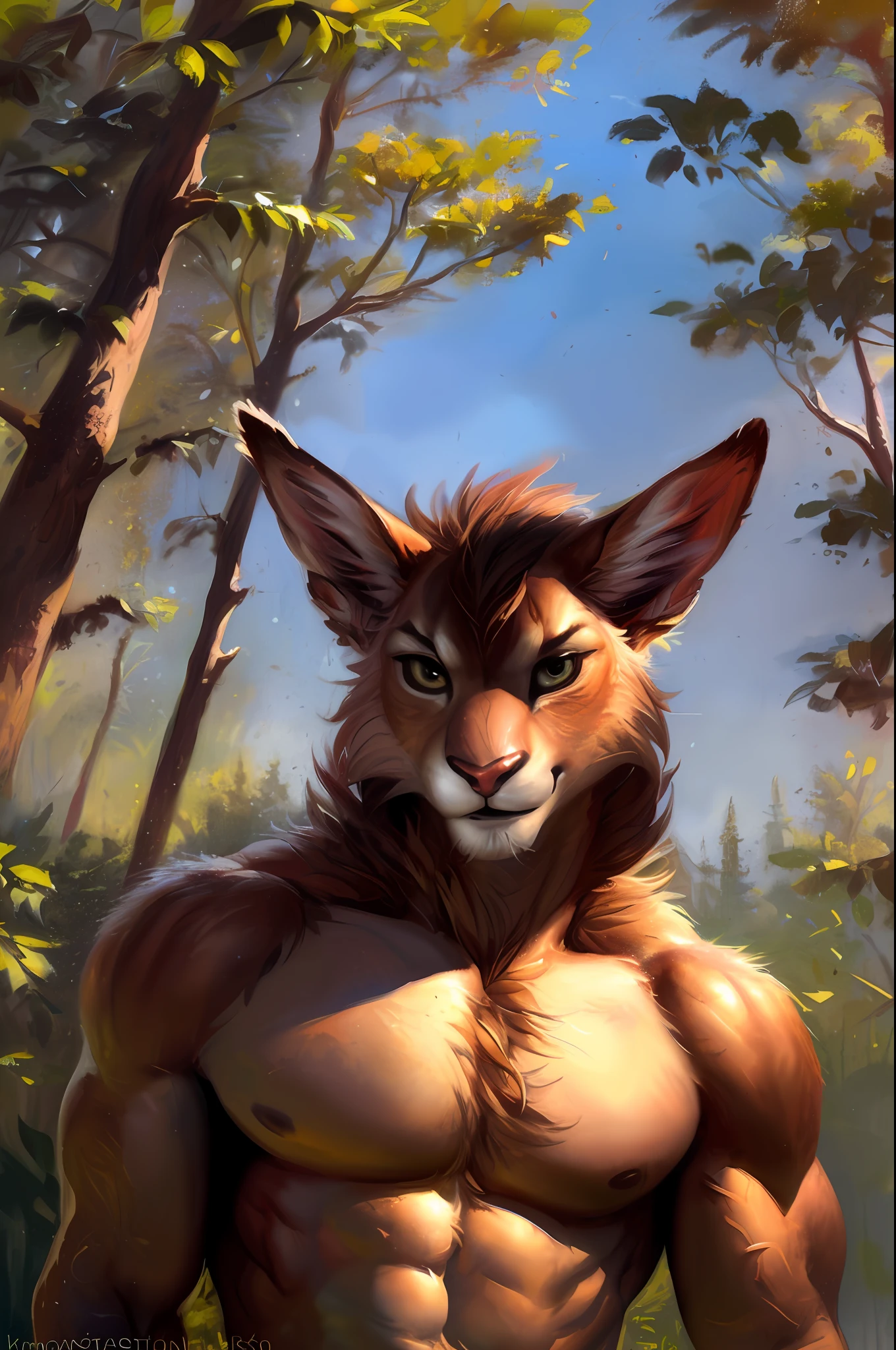 , by Bonifasko, kenket, ruan jia, ross tran, solo, full size shot of a faun, small head, muscular, mesomorph, sexy, fur, forest, trees, anthro, mane, hi res, detailed, male, looking at viewer, sky