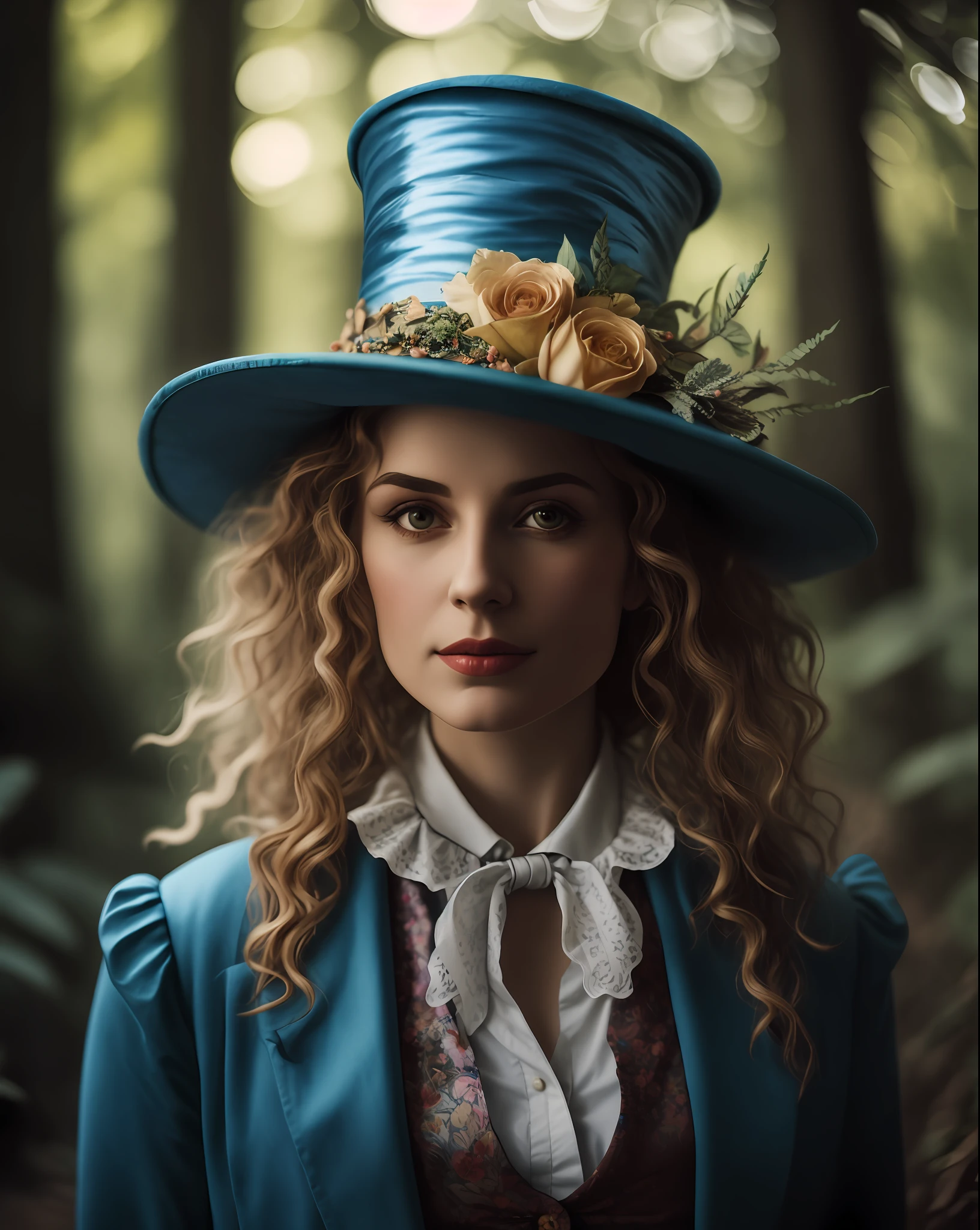 There is a woman with a blue hat and a blue jacket, Female Mad Hatter, Portrait of Alice in Wonderland, The Mad Hatter, The Mad Hatter, Alice in the Wonderland Style, The Rad Hatter, Mad Hatter, Character Photography, Fantasy Genre Portrait, Capricious Portrait, Photographed Portrait, Mid Shot Portrait, Alice in Wonderland Theme,  Alice Participates in Mad Tea Party, (Hair in high definition), (body in high definition)