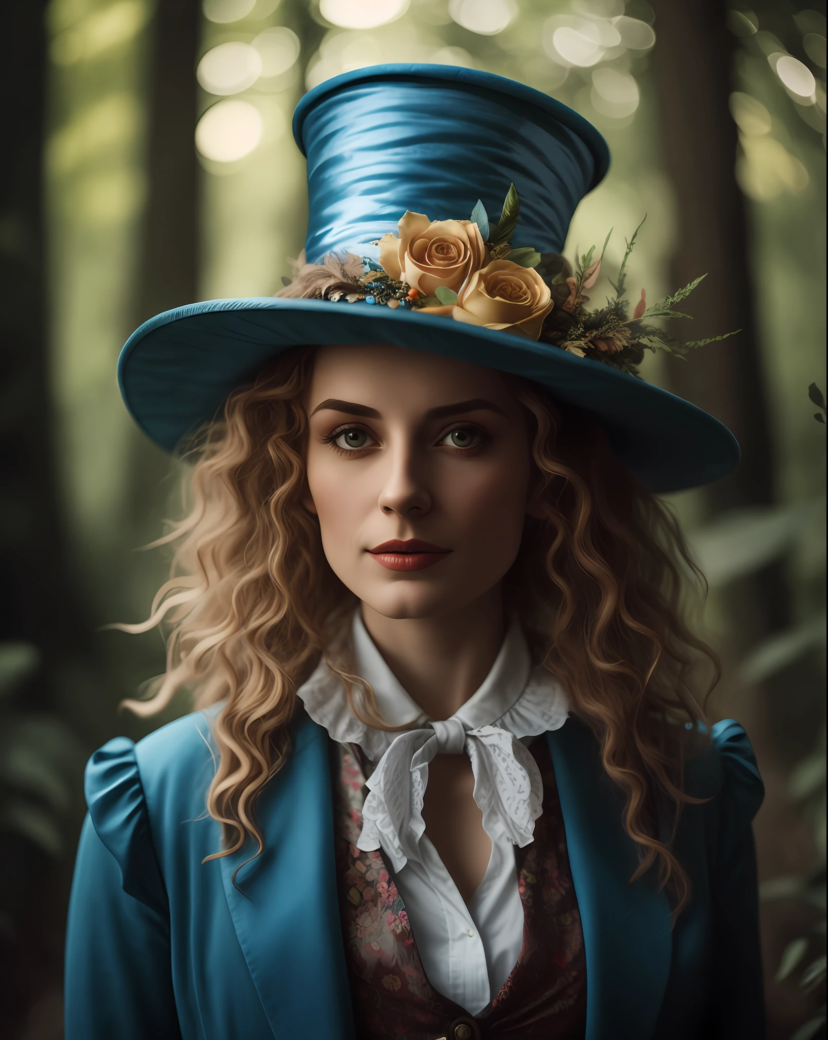There is a woman with a blue hat and a blue jacket, Female Mad Hatter, Portrait of Alice in Wonderland, The Mad Hatter, The Mad Hatter, Alice in the Wonderland Style, The Rad Hatter, Mad Hatter, Character Photography, Fantasy Genre Portrait, Capricious Portrait, Photographed Portrait, Mid Shot Portrait, Alice in Wonderland Theme,  Alice Participates in Mad Tea Party, (Hair in high definition), (body in high definition)