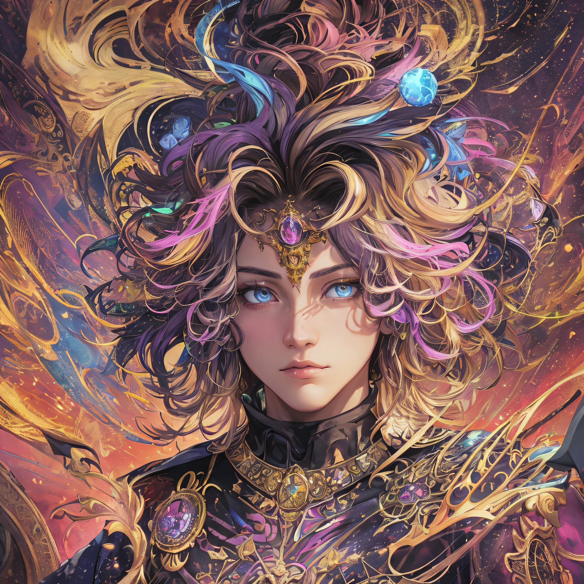 young men as a sirius lion being giving a big roar , universe background, brown Lion's mane hair,DMT, a beautiful crown with diamonds on him head, Sacred, psychedelic , psychedelic design, Aura, becoming spiritual, ultrarealistic photorealistic, 8k, artstation.The artwork should have photo-realistic, ultra-realistic, hyper-realistic, ethereal random color Power Rage, 3d anime style vector, 3d full shot, standing pose, cosmic, outer space, and fire colors Artwork styles, highly detailed, highly detailed symmetric beautiful hazel eyes, highly detailed gorgeous face, dynamic pose, ethereal, mystical, splatter drippings, paper texture, pulp Manga, and perfect shading, with dramatic lighting. The artwork should be centered, stylized, and elaborate. --auto --s2