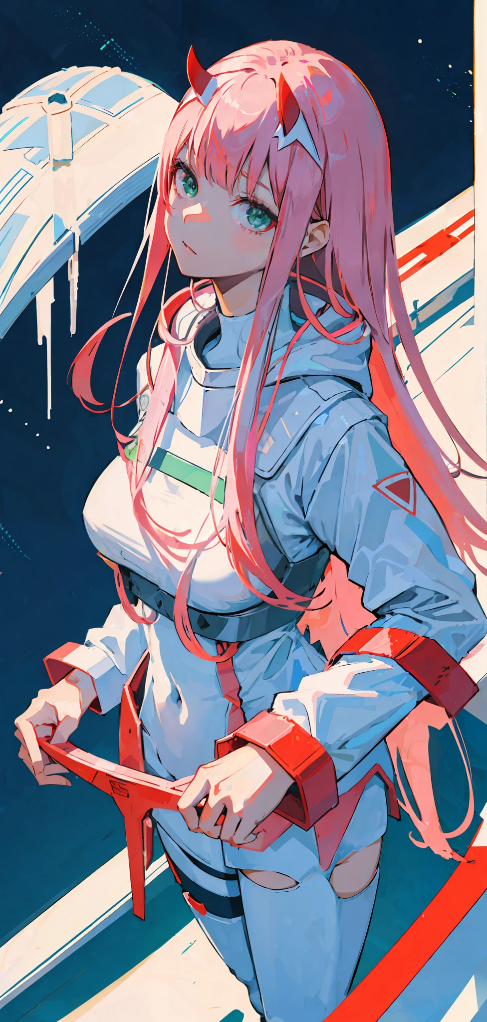 zero two \(darling on franxx\), darling on franxx, 1girl, fringe, bite, shadow, from above, green eyes, hair behind head, horns, long hair, looking at viewer, big thighs, makeup, small breasts, pilot suit, white bodysuit, hood, pink hair, red eyeshadow, science fiction, tight skin, solo