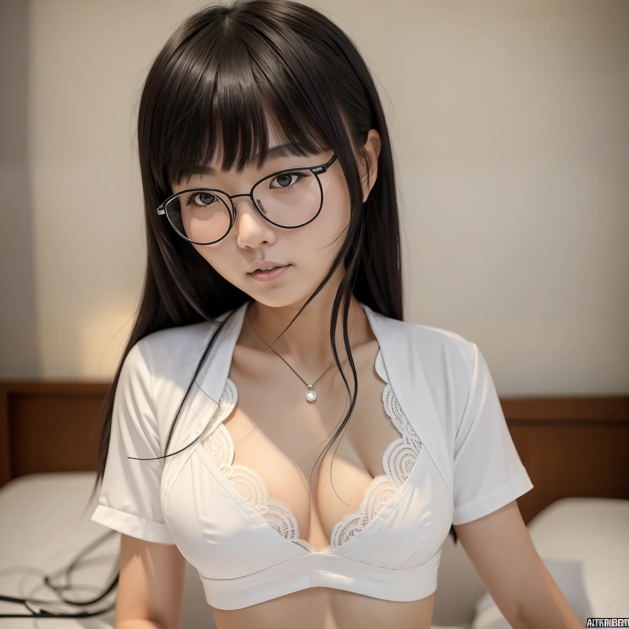 NSFW, 8K Raw Photography, Best Quality, Masterpiece, Ultra HD, Film Grain, filmg, 1girl, Watch Viewer, Natural Skin Texture, Realistic Eye and Face Details,
Japanese. , 1 8 years, 1 person,
Round glasses, white short-sleeved nurse uniform, white coat, black all-lace bra, black lace panties, Akiko Takase, Kazue Kato, , Aya Takano, Etsuko Miura, Genji, Tsugumi Oba, Chiho, Rinko Kawaichi, Takeyuki Kanda,
Height 158cm, weight 53kg, bust 83cm (D cup), waist 61cm, hips 86cm, simple nursing student, smooth black hair, bangs,
You can see the viewer from the bed, lying down, or from the front --auto --s2