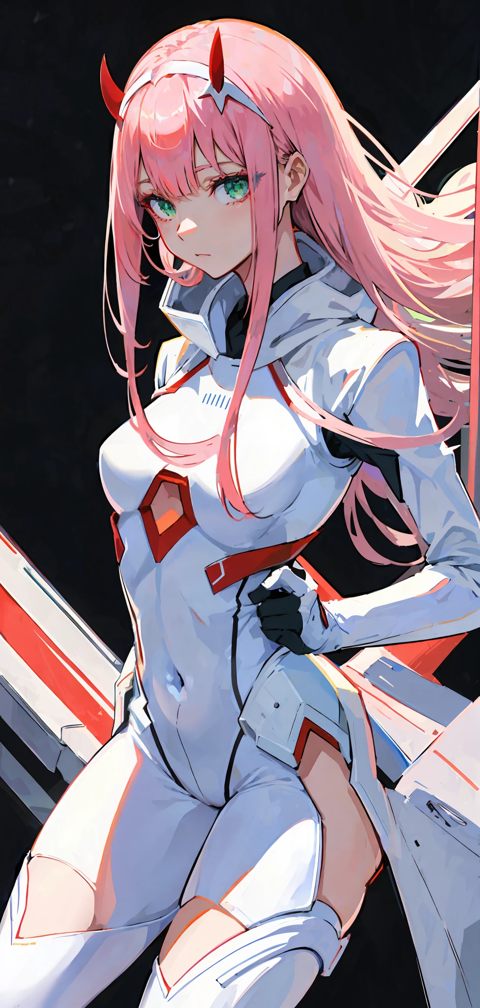 zero two \(darling in franxx\), darling in franxx, 1girl, bangs, bite, shadow, green eyes, hair behind head, horns, long hair, looking at viewer, big thighs, makeup, small breasts, pilot suit, white bodysuit, hood, pink hair, red eyeshadow, science fiction, tight skin, solo