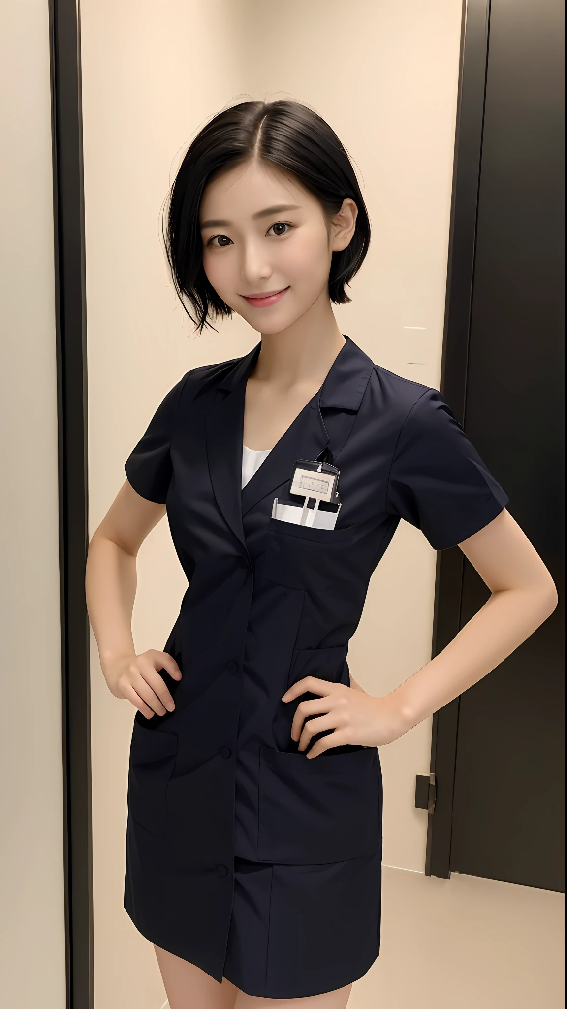 (Masterpiece:1.3), (8K, Photorealistic, RAW photo, Best Quality: 1.4), Japan Person, (1 Girl), Beautiful Face, (Realistic Face), (Black Hair, Short Hair:1.3), Beautiful Hairstyle, Realistic Eyes, Beautiful Detail Eyes, (Realistic Skin), Beautiful Skin, Attractive, Ultra High Definition, Ultra Realistic,Female Doctor, High Detail, Golden Ratio, (Detal Face: 1.2), View Beholder, smile, nurse uniform, middle chest, standing, hands on hips