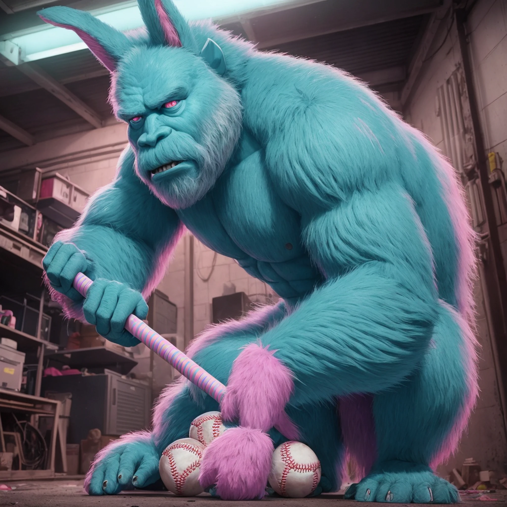 create a creepy ultra realistic cyan Sasquatch with rabbit appearance, holding a baseball bat, rabbit ears 3 feet high in the garage destroying a cadilac with the background all cyan and dark pink --auto --s2