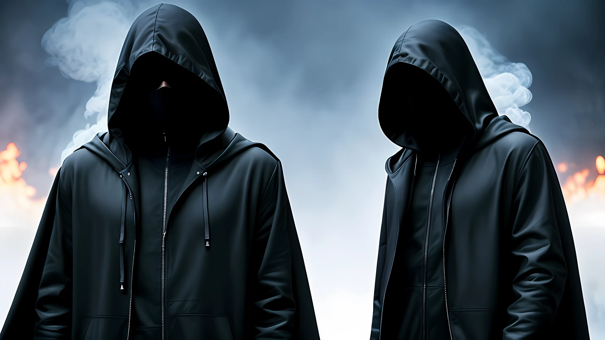 A fully hooded man, in a big black coat, with a black hacker mask, in a dark setting with some smoke, 8k, detailed, realistic.