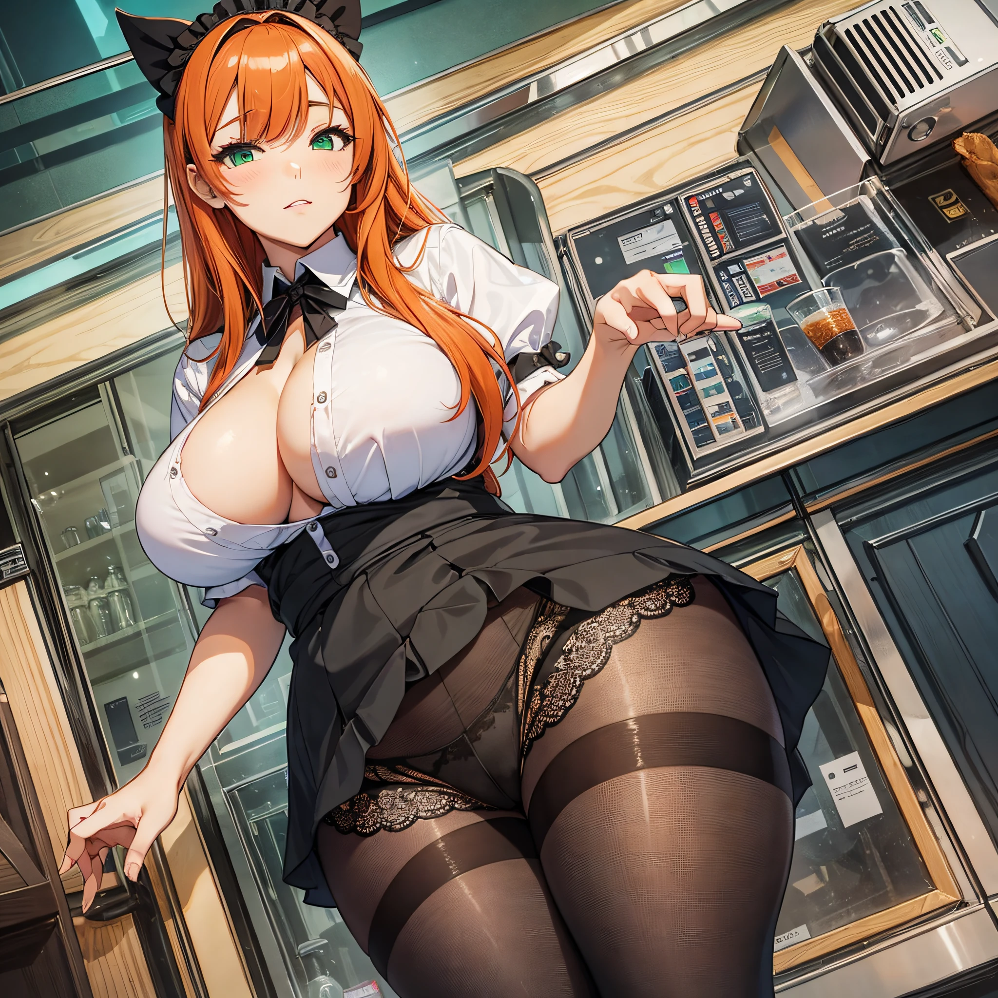 /draw ai_generated curvy_body curvy_female curvy_figure The average cup size female_only huge_breasts looking_at_viewer +maid solo_female solo_focus stable_diffusion waitress orange_hair green_eyes lifts the skirt showing black panties legs in pantyhose --auto --s2