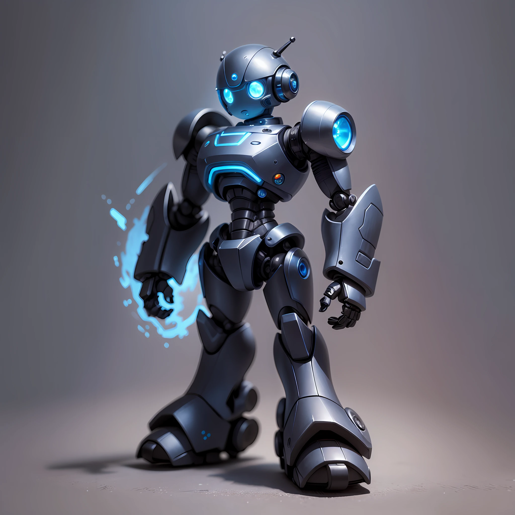 a small robot, big round head, blue headlight type eyes, small body, big hands, big feet, super realistic, super detailed, body with shiny black metallic paint, brave expression --auto --s2