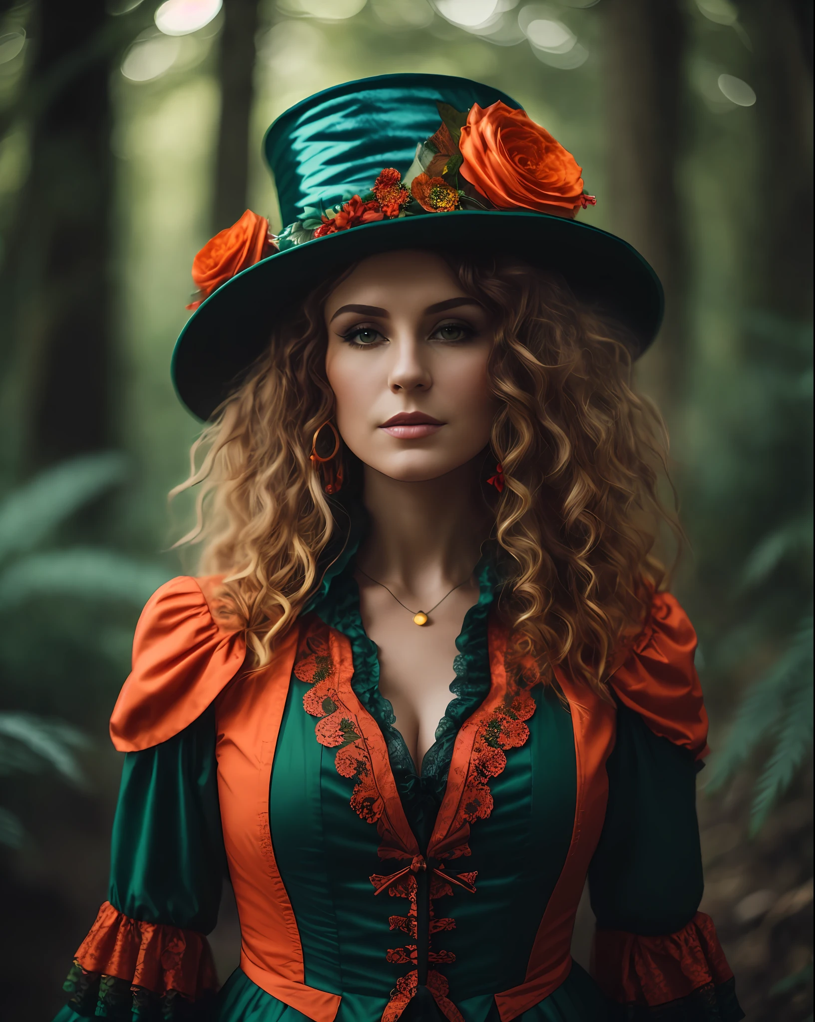 arafed woman in a green and orange dress and hat, female mad hatter, beautiful witch, fairy tale witch, portrait of a young witch, beautiful witch woman, portrait of a witch, classic witch, portrait of a forest wizard, witch in the forest, beautiful witch scary woman, fantasy genre portrait, wearing green top hat, witch woman, fantasy character photo,  (Hair in high definition), (body in high definition)