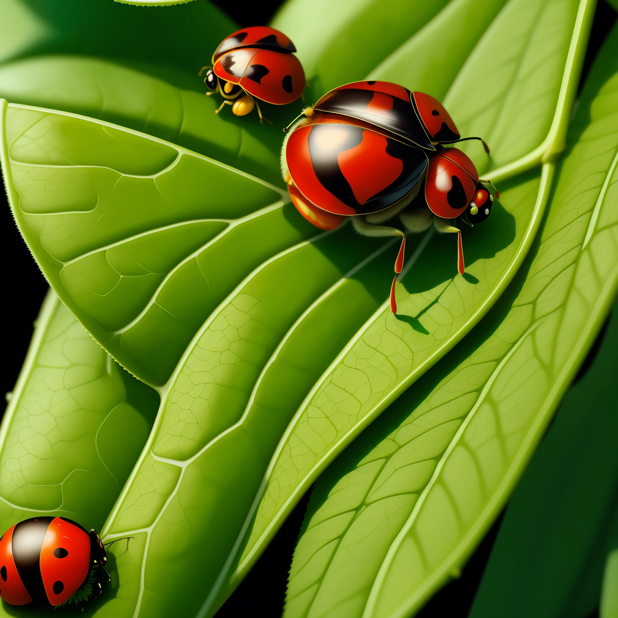 (masterpiece), best quality, ultra-detailed CG unity 8k wallpaper, an extremely delicate and beautiful image of a (red ladybug:1.2) perched on a (green leaf:1.2), vibrant colors, macro photography, shallow depth of field, high saturation, incredible texture, botanical, nature, detailed focus.