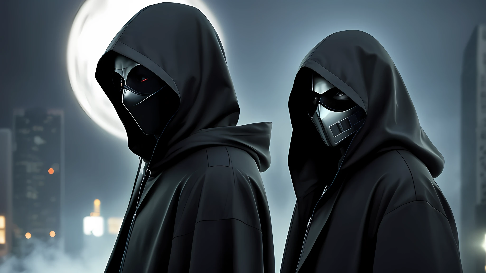 A fully hooded man, in a big black coat, with a black hacker mask, in a dark setting with some smoke, 8k, detailed, realistic.