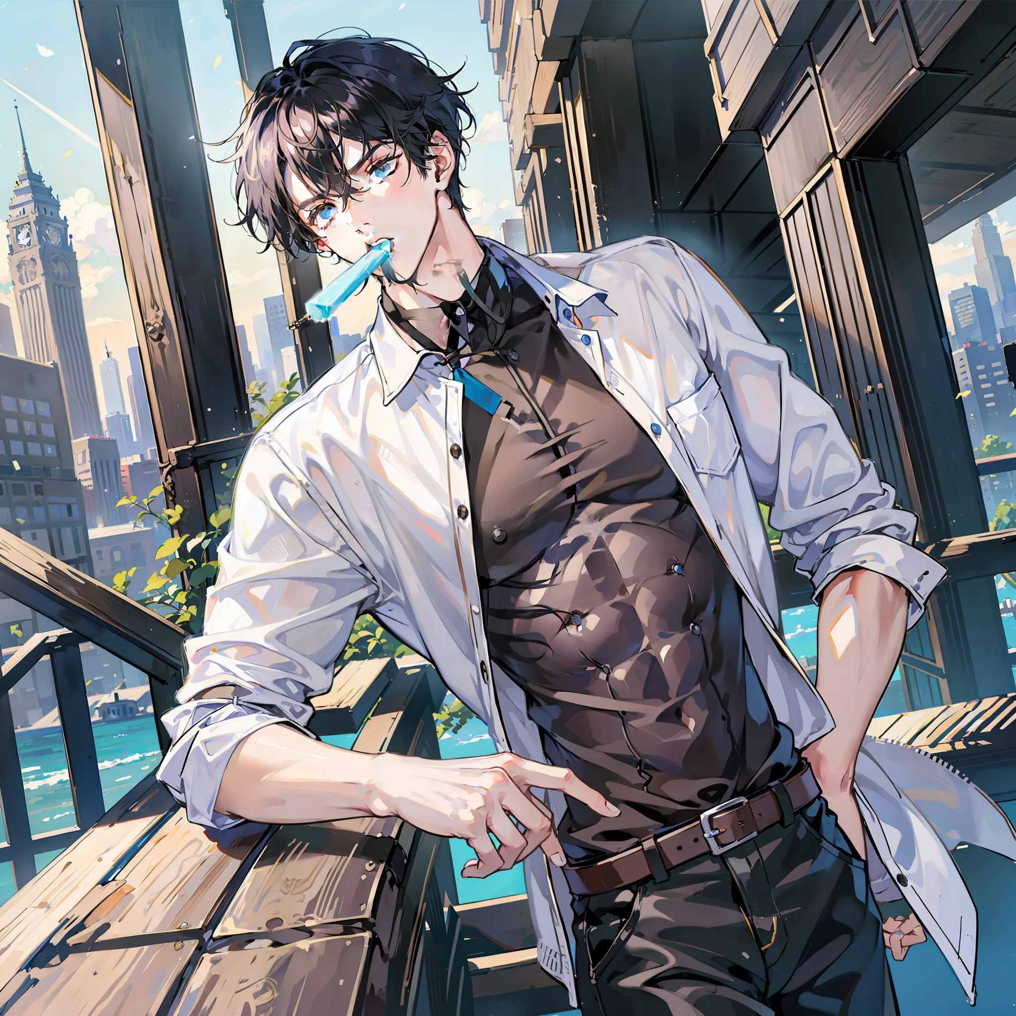 Anime male character, male character, athletic body, beautiful hands, perfect body, black hair, short hair, messy hair, beautiful eyes, serious look, blue eyes, cute background, perfectionism, city background, detailed, casual clothing, black pants, white shirt, printed shirt, cute character, standing, eating popsicle, belt on pants, sunglasses on collar, leaning on a table,  cute background, strong boy, cute boy, tall boy, focused image, cute face, perfect picture