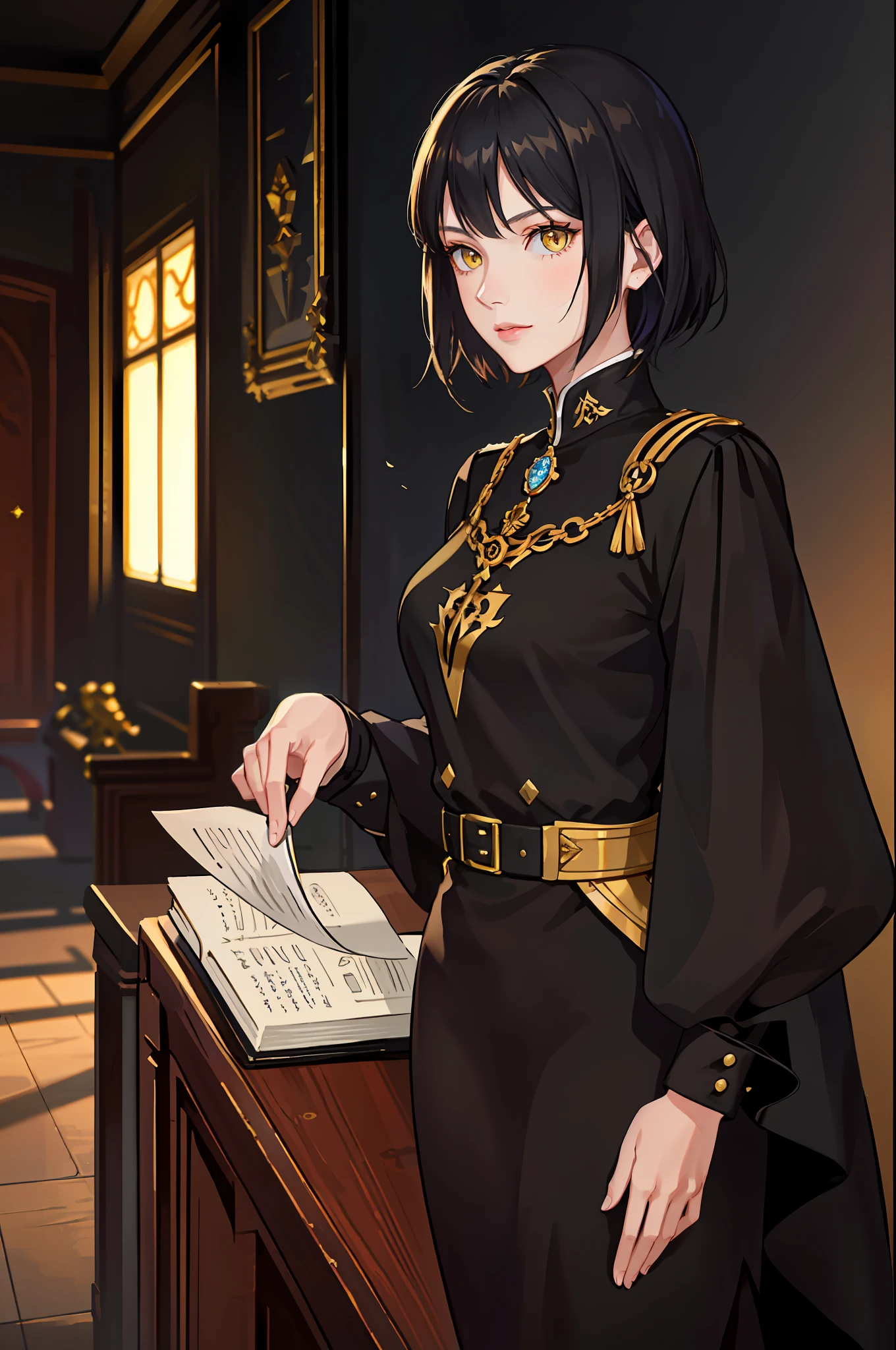 Portrait of a beautiful young woman, villain, yellow eyes, aristocrat, black short hair, square, black general's uniform, empire