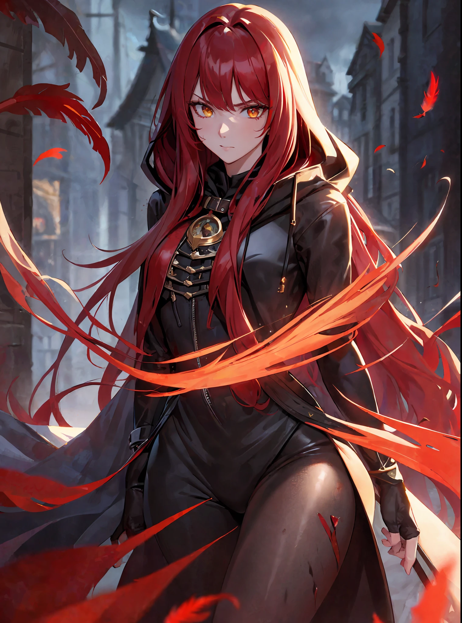 (masterpiece, best quality) an adult woman with very long red hair, ((walking through a village)), ((black feathers)), ((close-up)), neckline, ((hood)), black ribbons, red leather, (profile picture), black bows, bodysuit, cold look, queen, good anatomy, correct proportions, torn clothes, queen, yellow eyes, serious, mysterious appearance, blood, emotionless, straight bangs, very long red hair,  Evil, (Yellow Eyes), Gothic, Medium Chest, ((Chest to Head Show)), Cinematics, Color Oil Painting, Solo, Cinematic Lighting, Extremely Detailed Face, Finely Detailed Face, Beautiful Face, Beautiful Eyes, Perfect Lighting, Depth of Field, Realistic Proportions, Good Anatomy