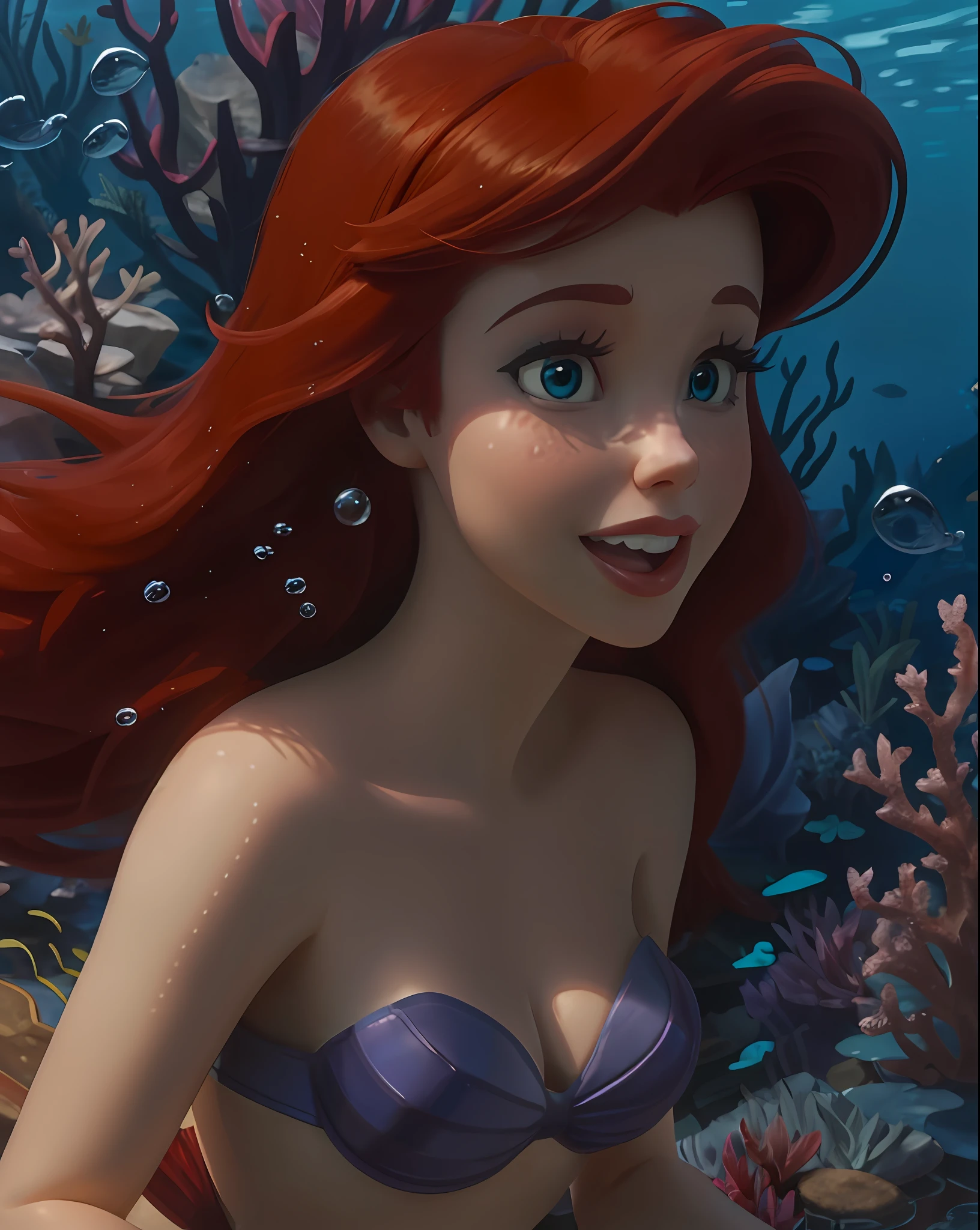 araffe mermaid with red hair and blue eyes sitting on a rock, photorealistic disney, ariel the little mermaid, disney photo realistic, little mermaid, ross tran 8 k, art in the style of disney, princess ariel, disney art style, artgerm and atey ghailan, adorable digital painting, the little mermaid, disney concept art, by Ross Tran