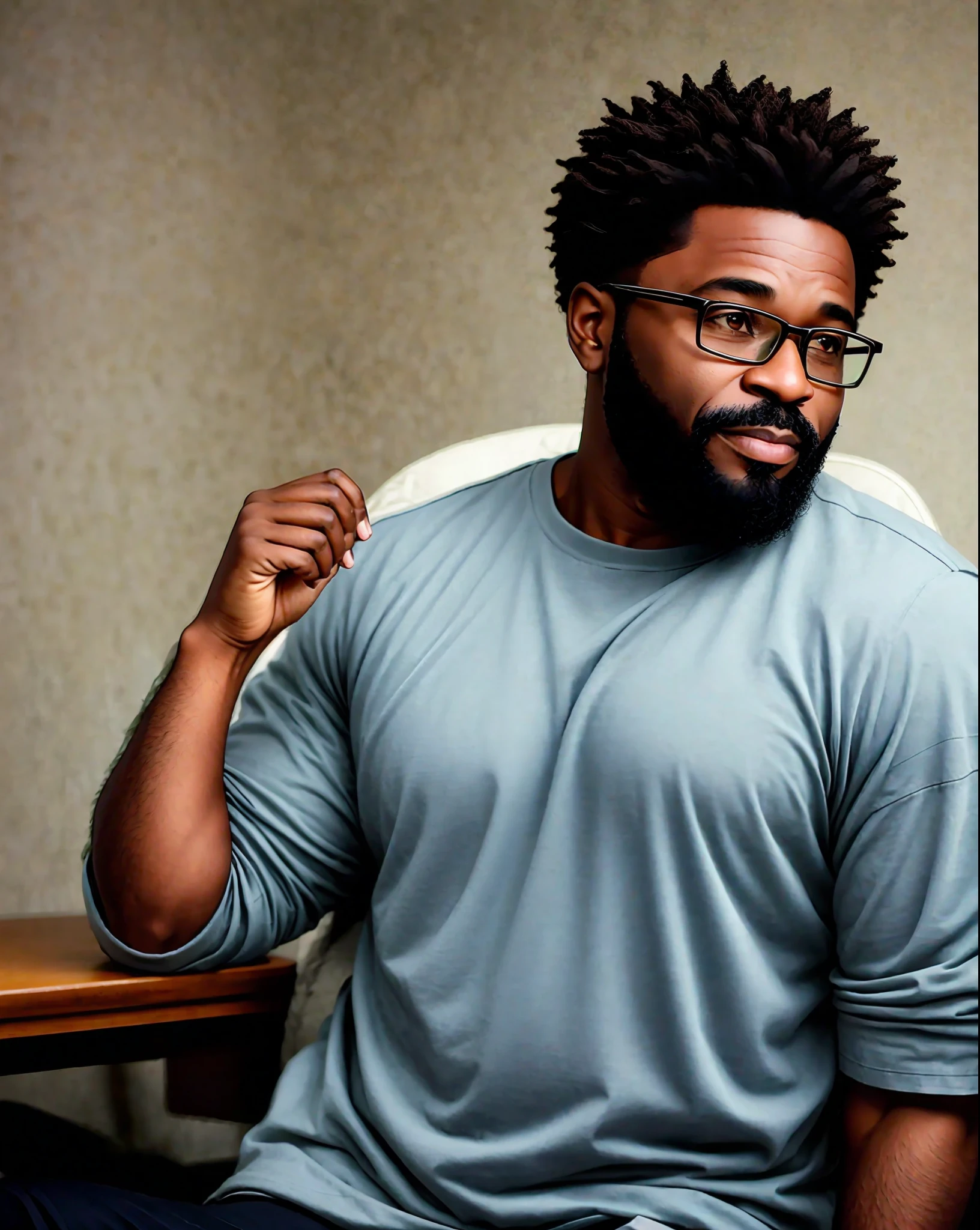 A black man, 50 years old, with a warm and welcoming appearance. He has a chubby build, with a protruding belly that denotes his love of food and perhaps a more comfortable lifestyle. Their skin is rich in dark tones and displays a smooth and healthy texture.
He sports a well-groomed beard, which contributes to his warm and friendly appearance. His beard is dense and slightly gray, showing his age and experience.
His face is complemented by a pair of prescription glasses, which he wears frequently. The glasses have a simple and traditional frame, indicating their preference for functionality over style. They add an intellectual touch to your look and highlight your need for visual correction for better vision.
His personal style is more relaxed and practical than elegant. He values comfort and practicality in his clothes, preferring large and relaxed pieces. He can be seen wearing baggy shirts and comfortable pants, always prioritizing wellness over fashion trends, masterpiece, best quality, photorrealistic, ultrarrealistic, 8k resolution, rendering octane.
