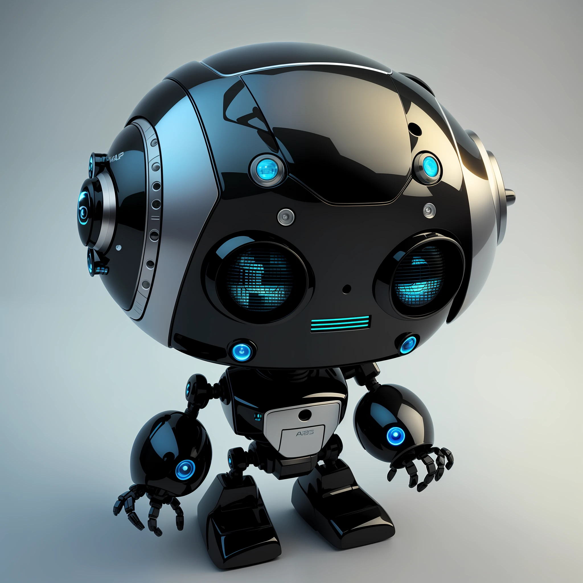 a small robot, big round head, blue headlight type eyes, small body, big hands, big feet, super realistic, super detailed, body with shiny black metallic paint, brave expression --auto --s2